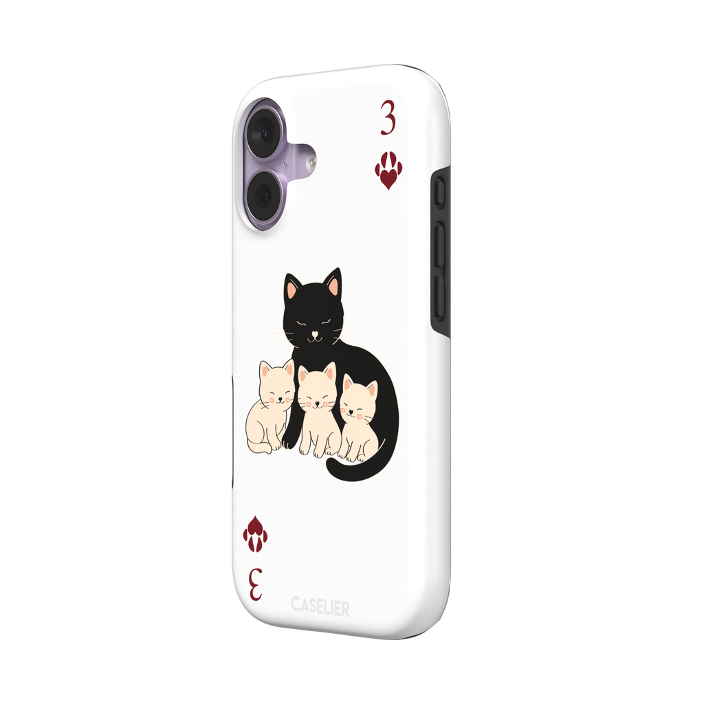 Three of Hearts phone case in white with a black mother cat and three cream kittens in a playing card layout, dark red paw print suit markers, Paw Decks collection phone case by Caselier — tough case, right view
