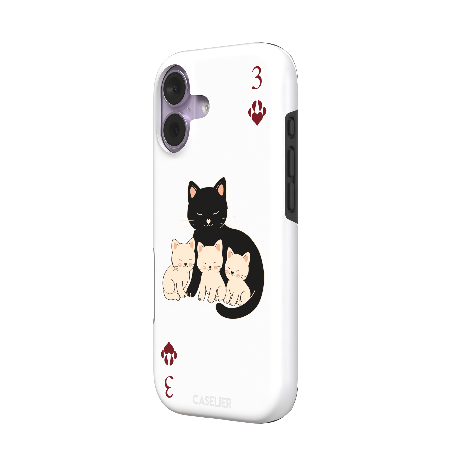 Three of Hearts phone case in white with a black mother cat and three cream kittens in a playing card layout, dark red paw print suit markers, Paw Decks collection phone case by Caselier — tough case, right view