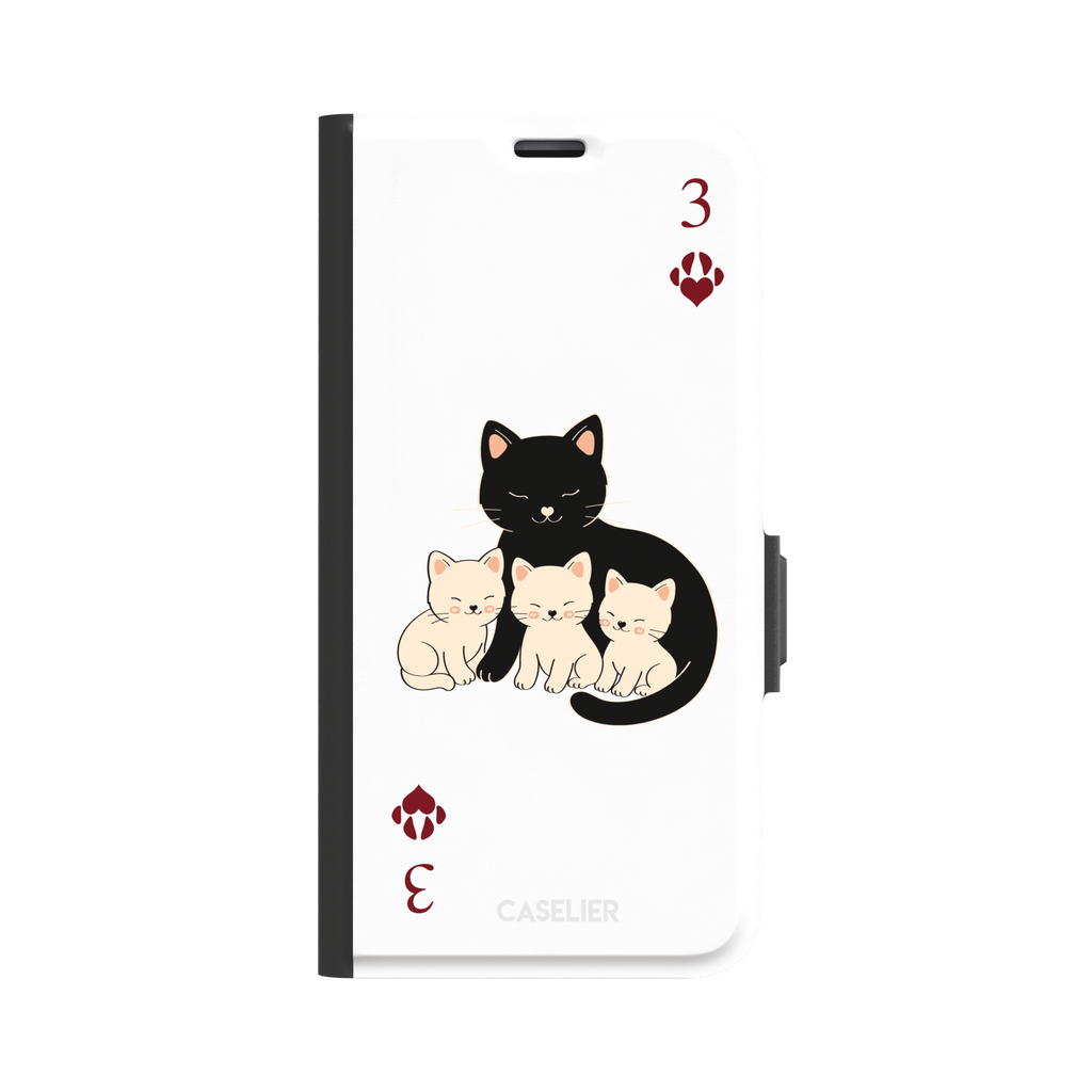 Three of Hearts phone case in white with a black mother cat and three cream kittens in a playing card layout, dark red paw print suit markers, Paw Decks collection phone case by Caselier — wallet case, front view