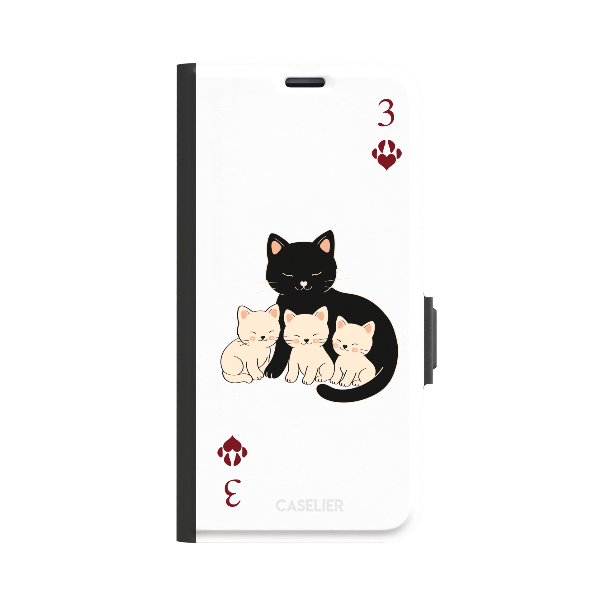 Three of Hearts phone case in white with a black mother cat and three cream kittens in a playing card layout, dark red paw print suit markers, Paw Decks collection phone case by Caselier — wallet case, front view