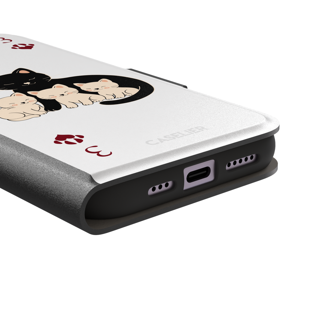 Three of Hearts phone case in white with a black mother cat and three cream kittens in a playing card layout, dark red paw print suit markers, Paw Decks collection phone case by Caselier — wallet case, charging port detail
