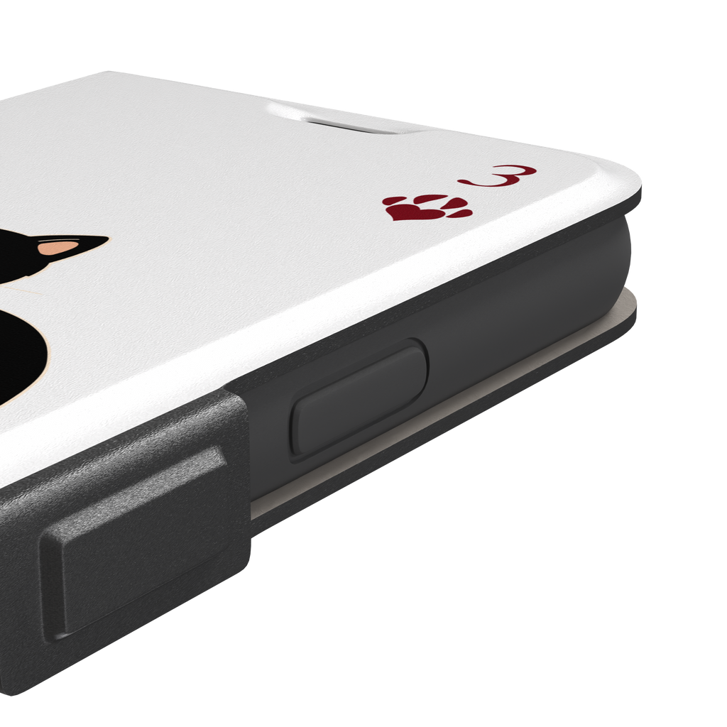 Three of Hearts phone case in white with a black mother cat and three cream kittens in a playing card layout, dark red paw print suit markers, Paw Decks collection phone case by Caselier — wallet case, volume buttons detail