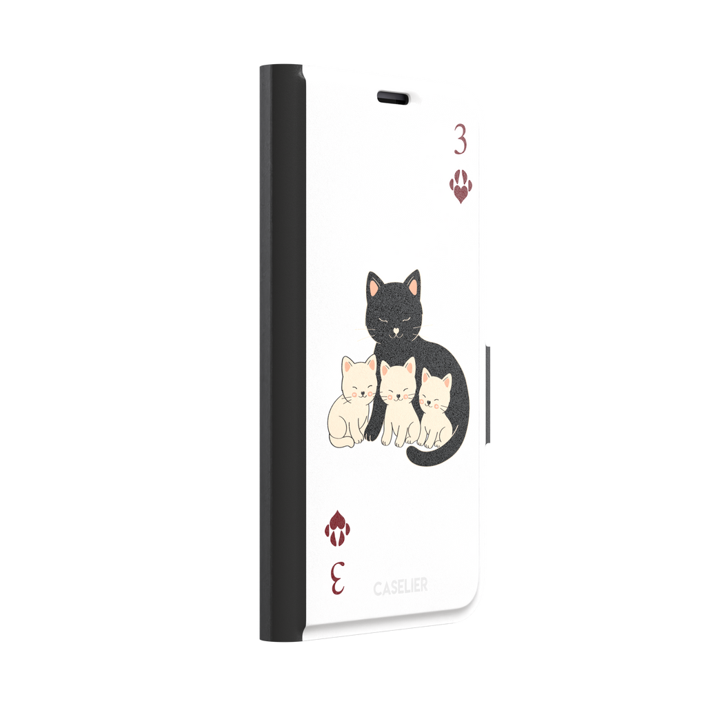 Three of Hearts phone case in white with a black mother cat and three cream kittens in a playing card layout, dark red paw print suit markers, Paw Decks collection phone case by Caselier — wallet case, left view