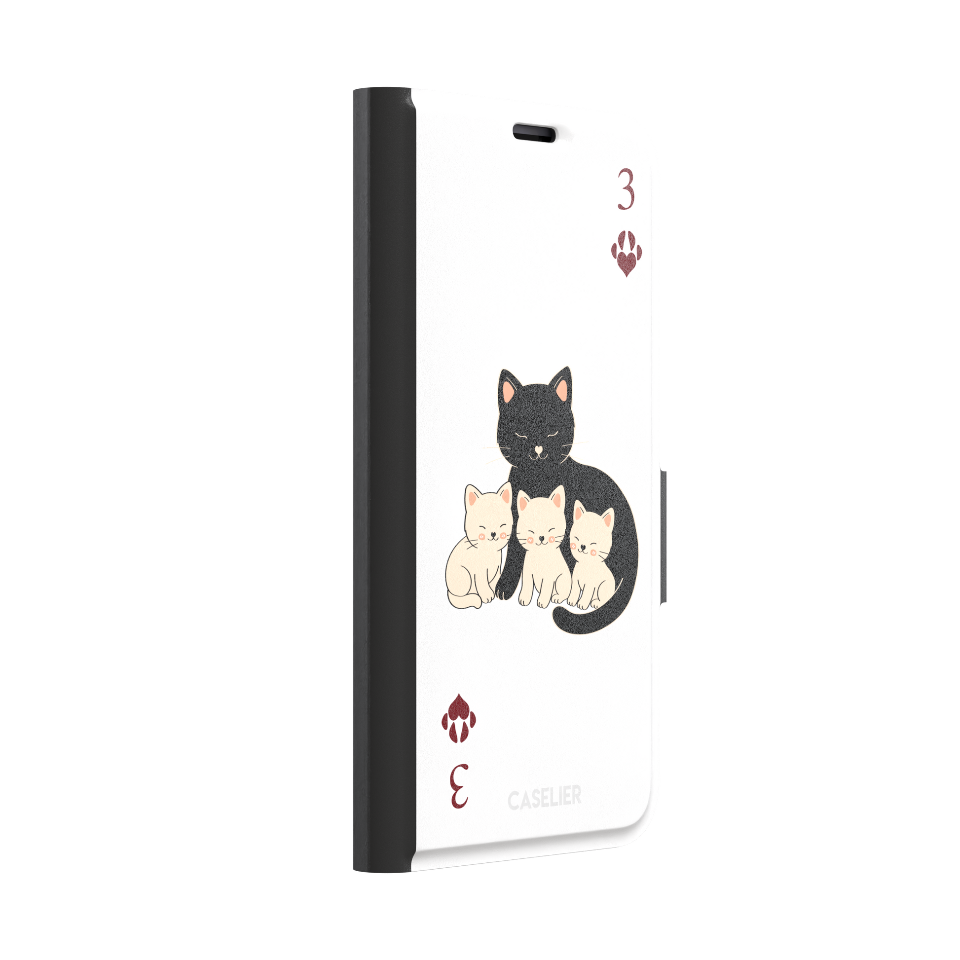 Three of Hearts phone case in white with a black mother cat and three cream kittens in a playing card layout, dark red paw print suit markers, Paw Decks collection phone case by Caselier — wallet case, left view