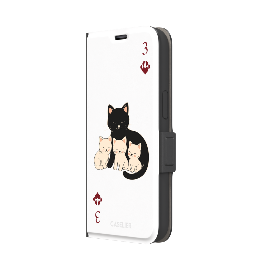 Three of Hearts phone case in white with a black mother cat and three cream kittens in a playing card layout, dark red paw print suit markers, Paw Decks collection phone case by Caselier — wallet case, right view