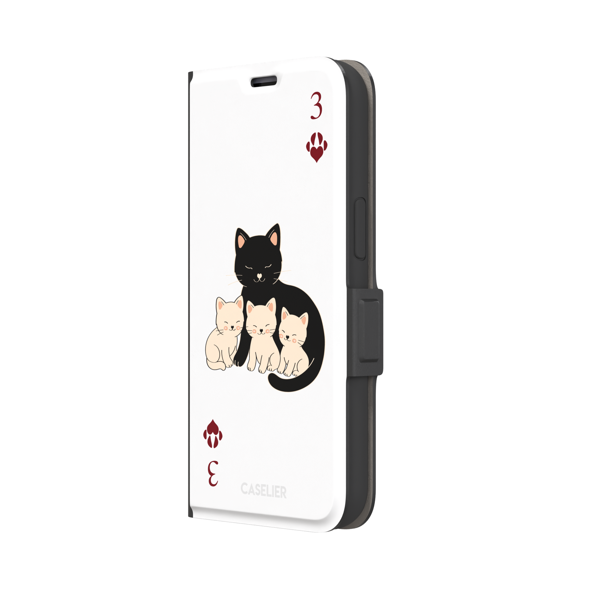 Three of Hearts phone case in white with a black mother cat and three cream kittens in a playing card layout, dark red paw print suit markers, Paw Decks collection phone case by Caselier — wallet case, right view