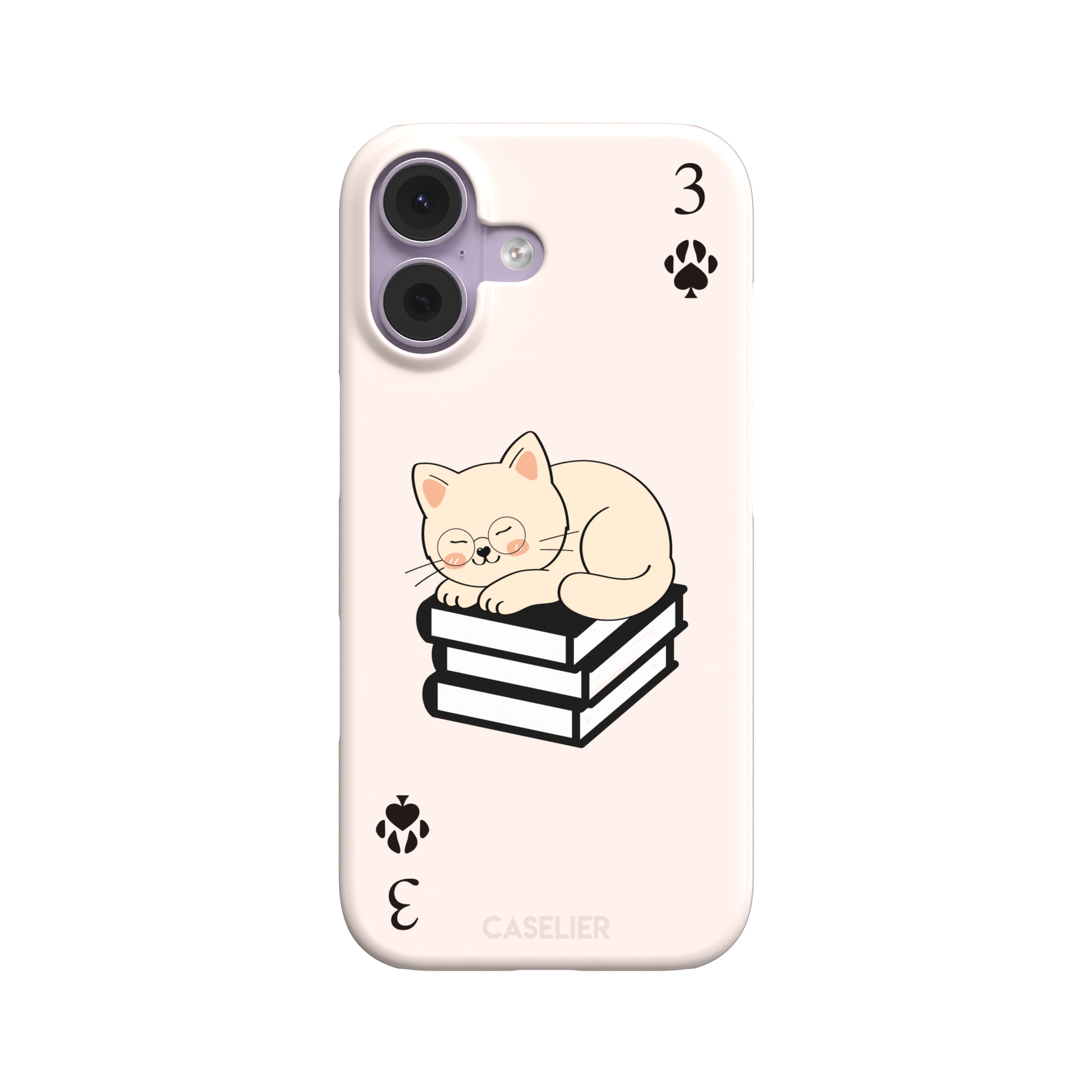 Three of Spades phone case in blush pink with a sleepy illustrated cat resting on stacked books and paw print spade symbols at each corner, by Caselier — snap case, front view