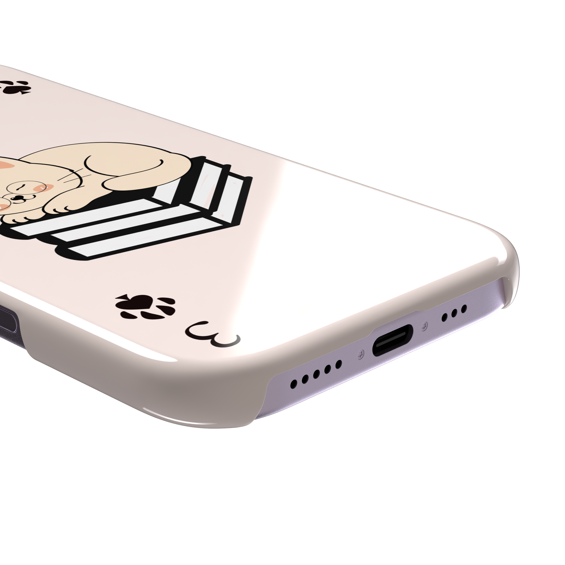 Three of Spades phone case in blush pink with a sleepy illustrated cat resting on stacked books and paw print spade symbols at each corner, by Caselier — snap case, charging port detail