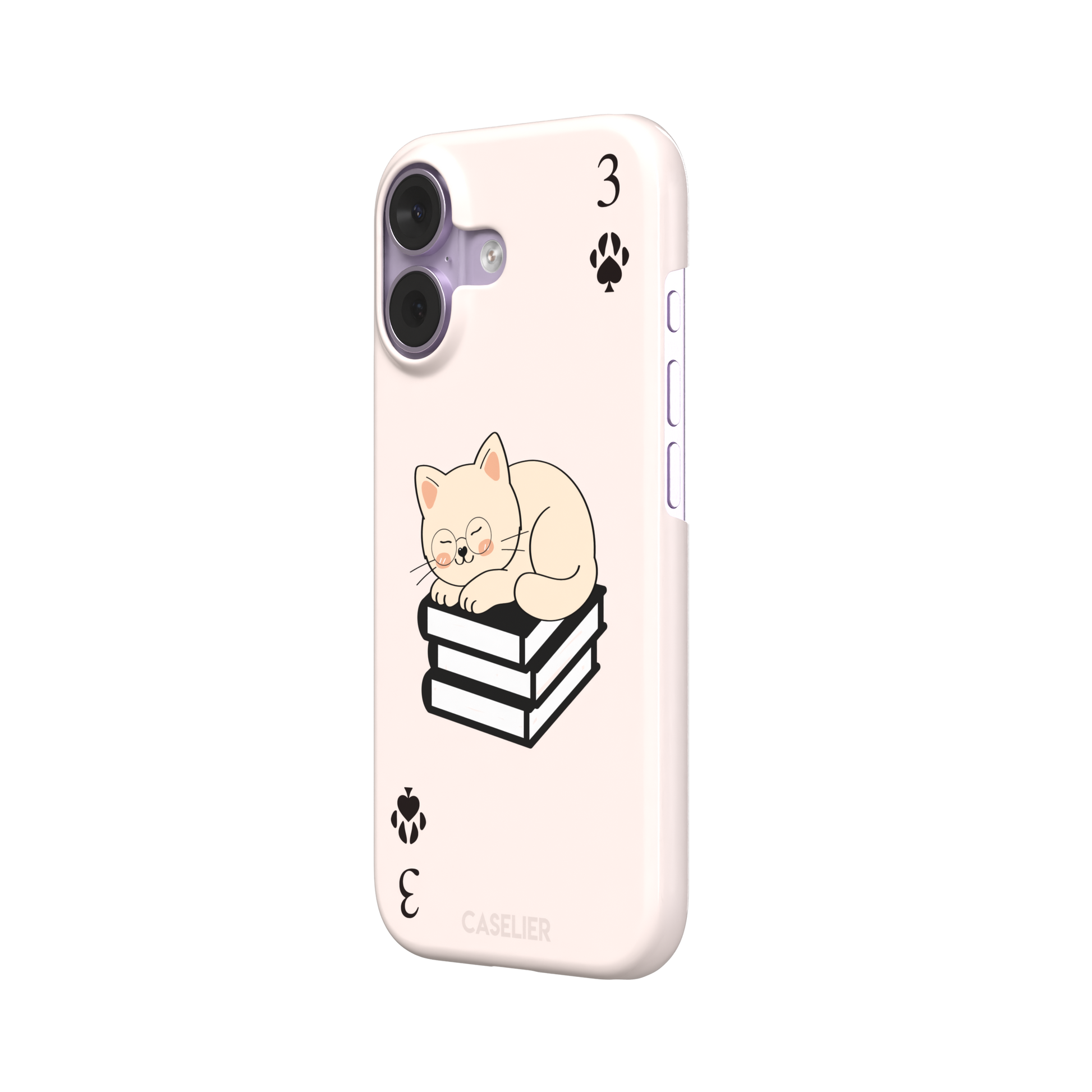 Three of Spades phone case in blush pink with a sleepy illustrated cat resting on stacked books and paw print spade symbols at each corner, by Caselier — snap case, right view