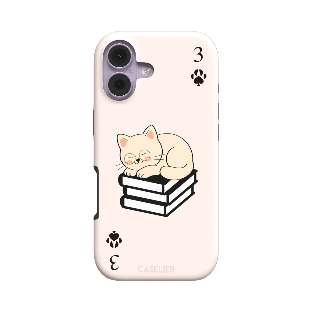 Three of Spades phone case in blush pink with a sleepy illustrated cat resting on stacked books and paw print spade symbols at each corner, by Caselier — tough case, front view