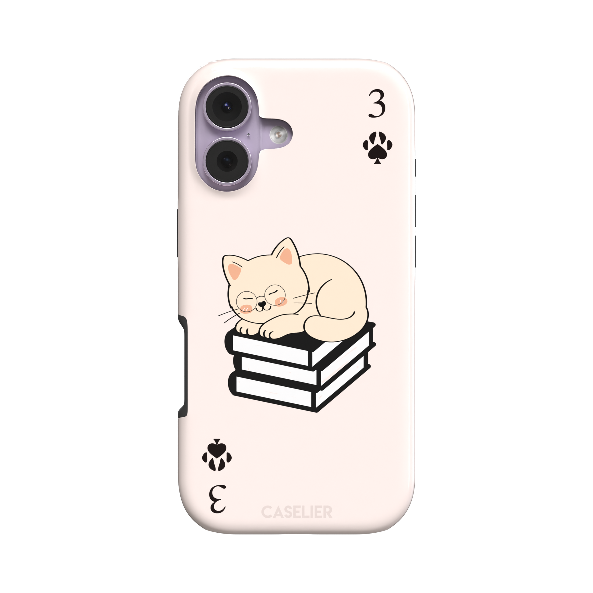 Three of Spades phone case in blush pink with a sleepy illustrated cat resting on stacked books and paw print spade symbols at each corner, by Caselier — tough case, front view