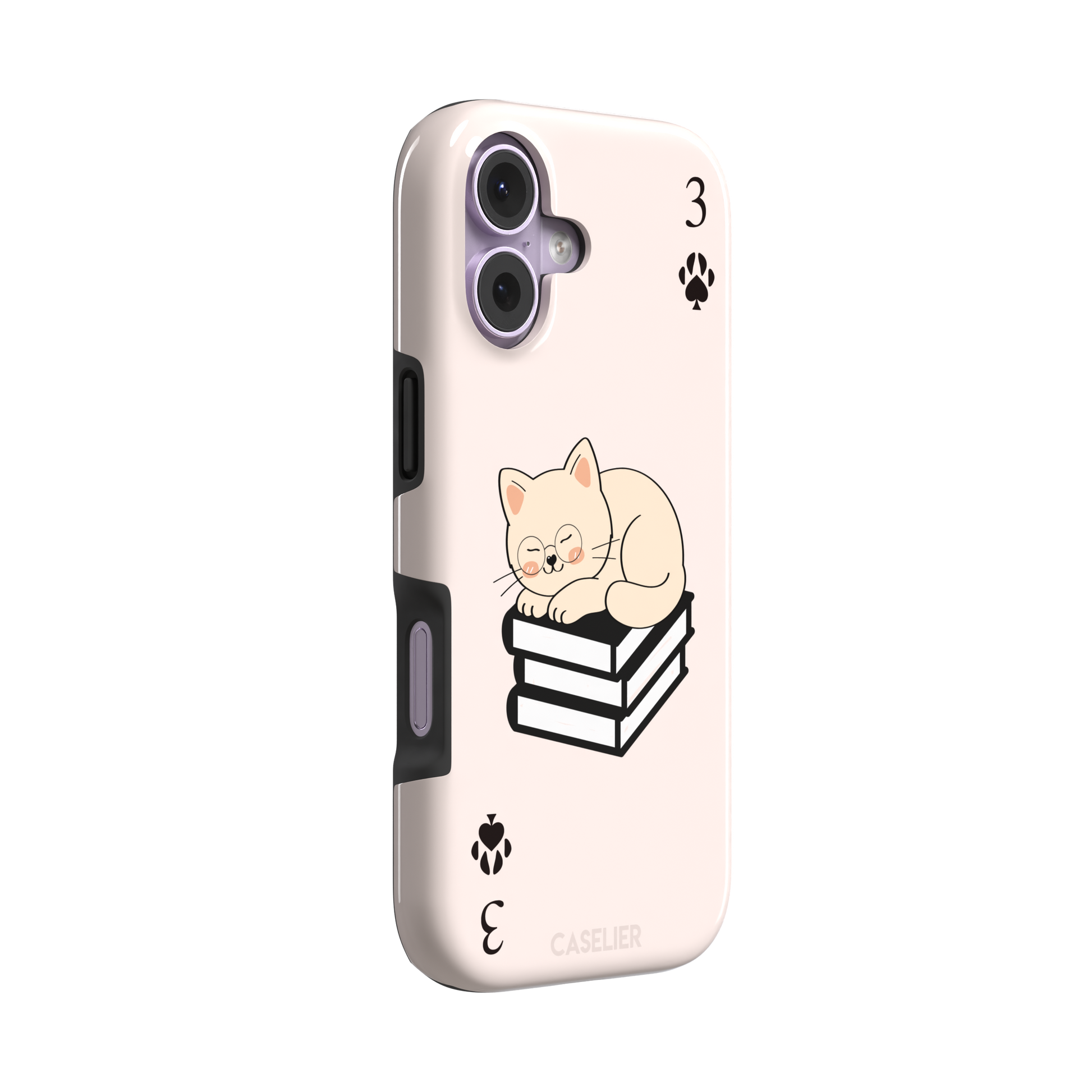Three of Spades phone case in blush pink with a sleepy illustrated cat resting on stacked books and paw print spade symbols at each corner, by Caselier — tough case, left view