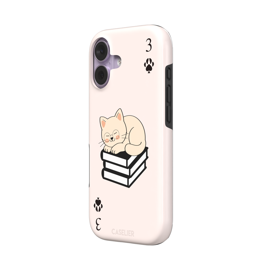 Three of Spades phone case in blush pink with a sleepy illustrated cat resting on stacked books and paw print spade symbols at each corner, by Caselier — tough case, right view