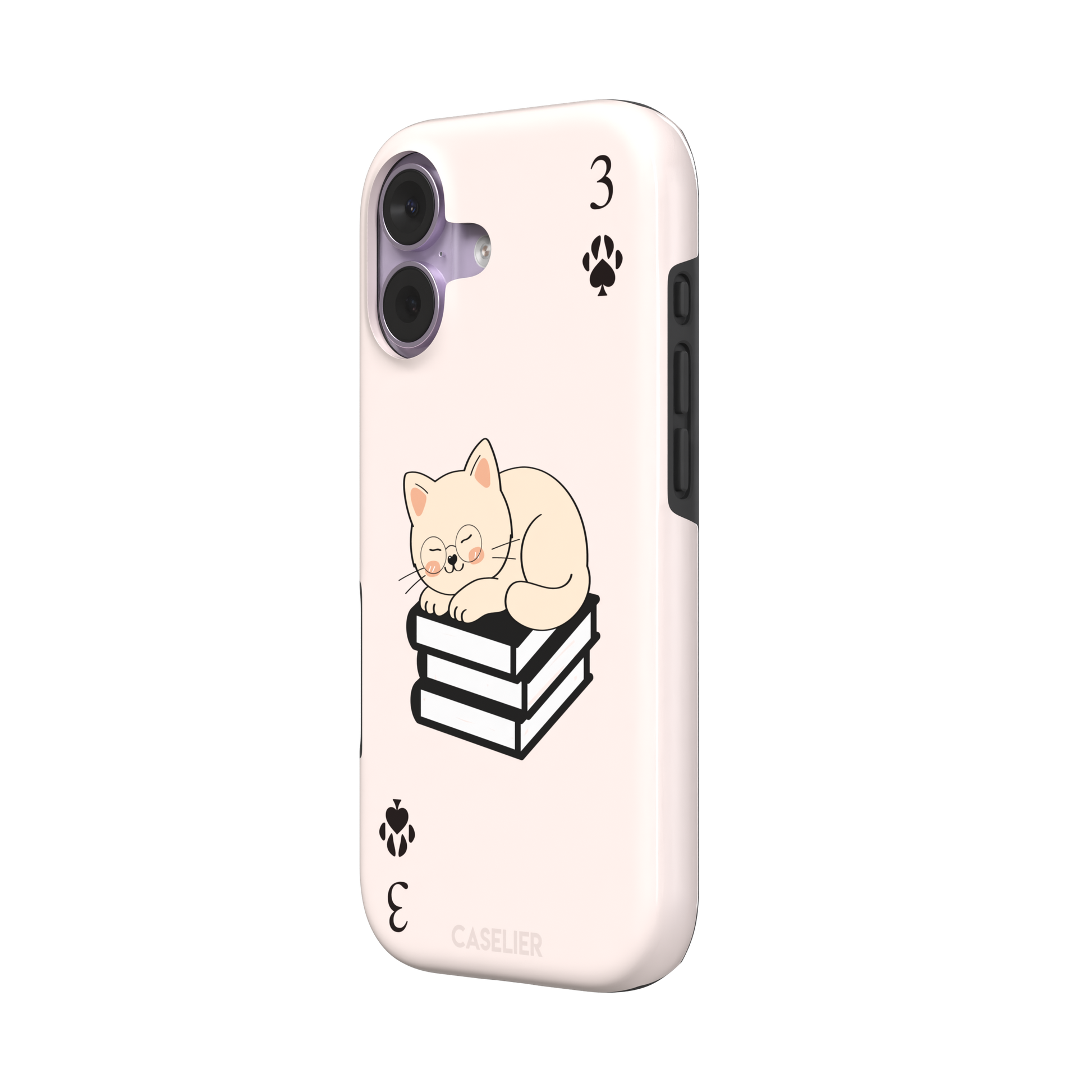 Three of Spades phone case in blush pink with a sleepy illustrated cat resting on stacked books and paw print spade symbols at each corner, by Caselier — tough case, right view