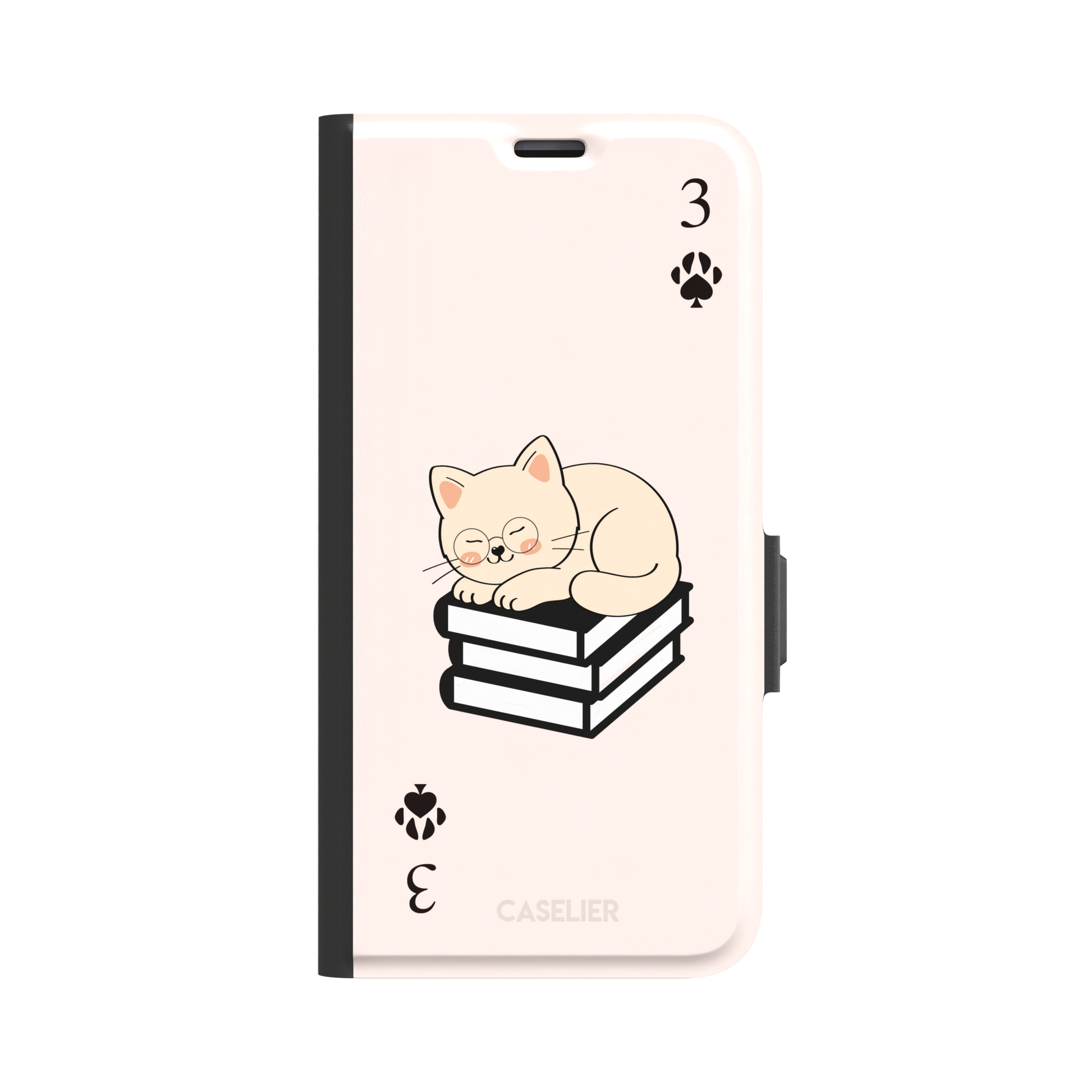 Three of Spades phone case in blush pink with a sleepy illustrated cat resting on stacked books and paw print spade symbols at each corner, by Caselier — wallet case, front view