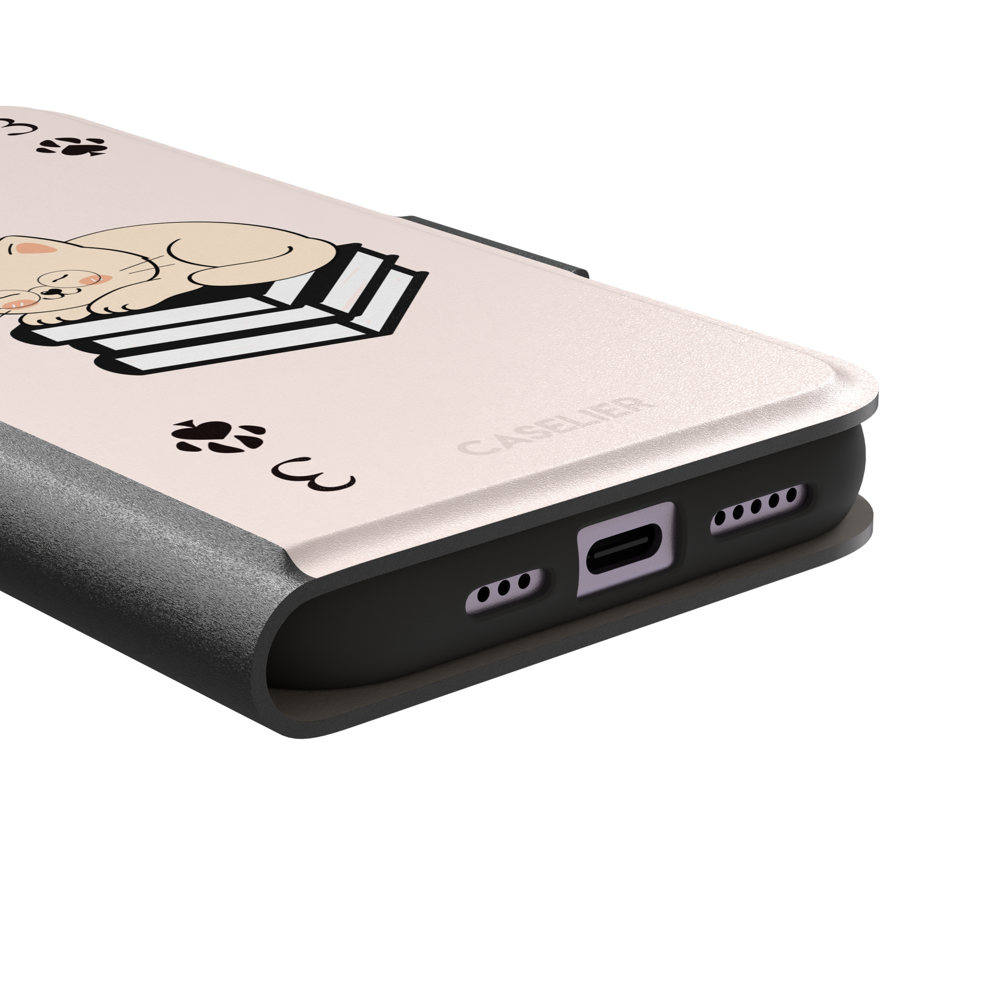Three of Spades phone case in blush pink with a sleepy illustrated cat resting on stacked books and paw print spade symbols at each corner, by Caselier — wallet case, charging port detail