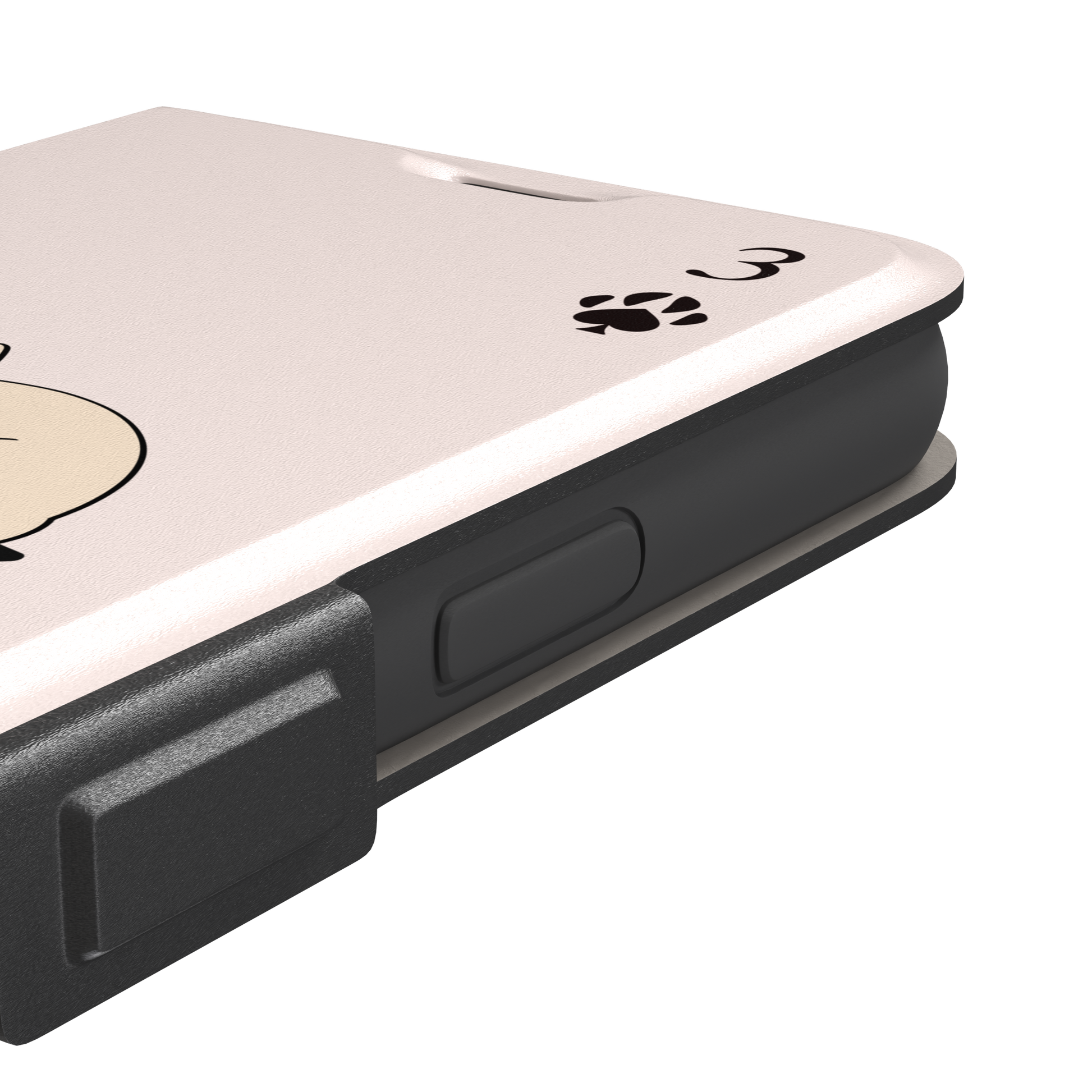 Three of Spades phone case in blush pink with a sleepy illustrated cat resting on stacked books and paw print spade symbols at each corner, by Caselier — wallet case, volume buttons detail