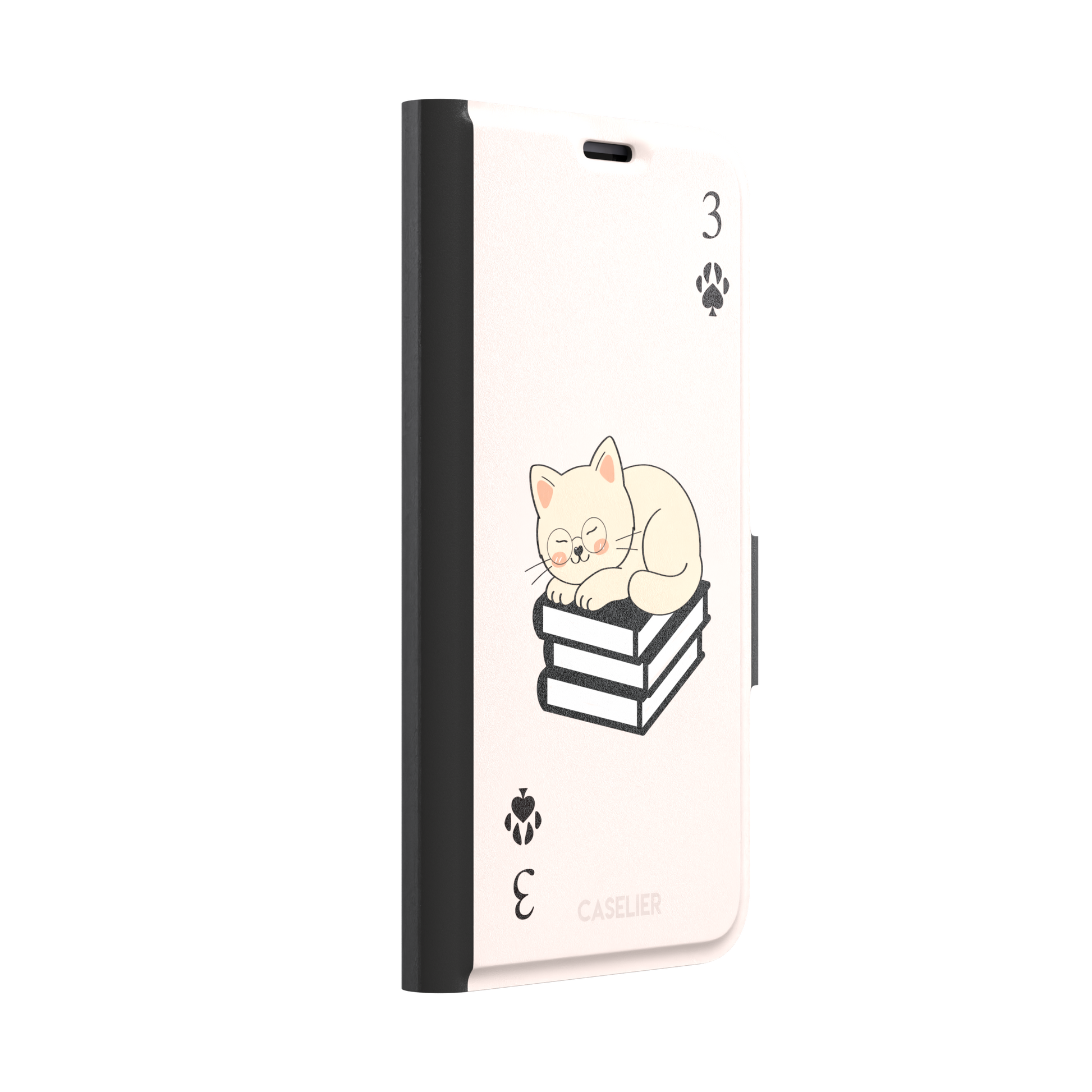 Three of Spades phone case in blush pink with a sleepy illustrated cat resting on stacked books and paw print spade symbols at each corner, by Caselier — wallet case, left view