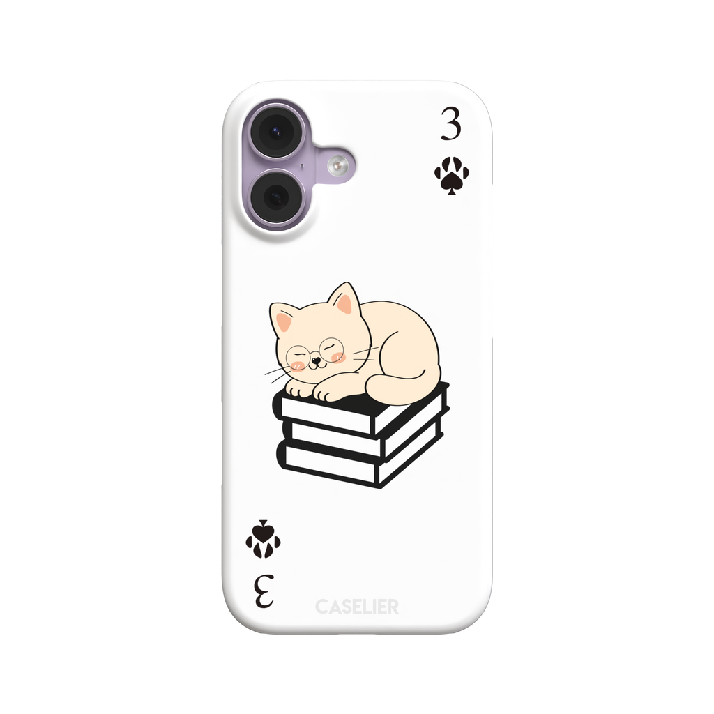 Three of Spades phone case in white with a sleepy illustrated cat resting on stacked books and paw print spade symbols at each corner, by Caselier — snap case, front view