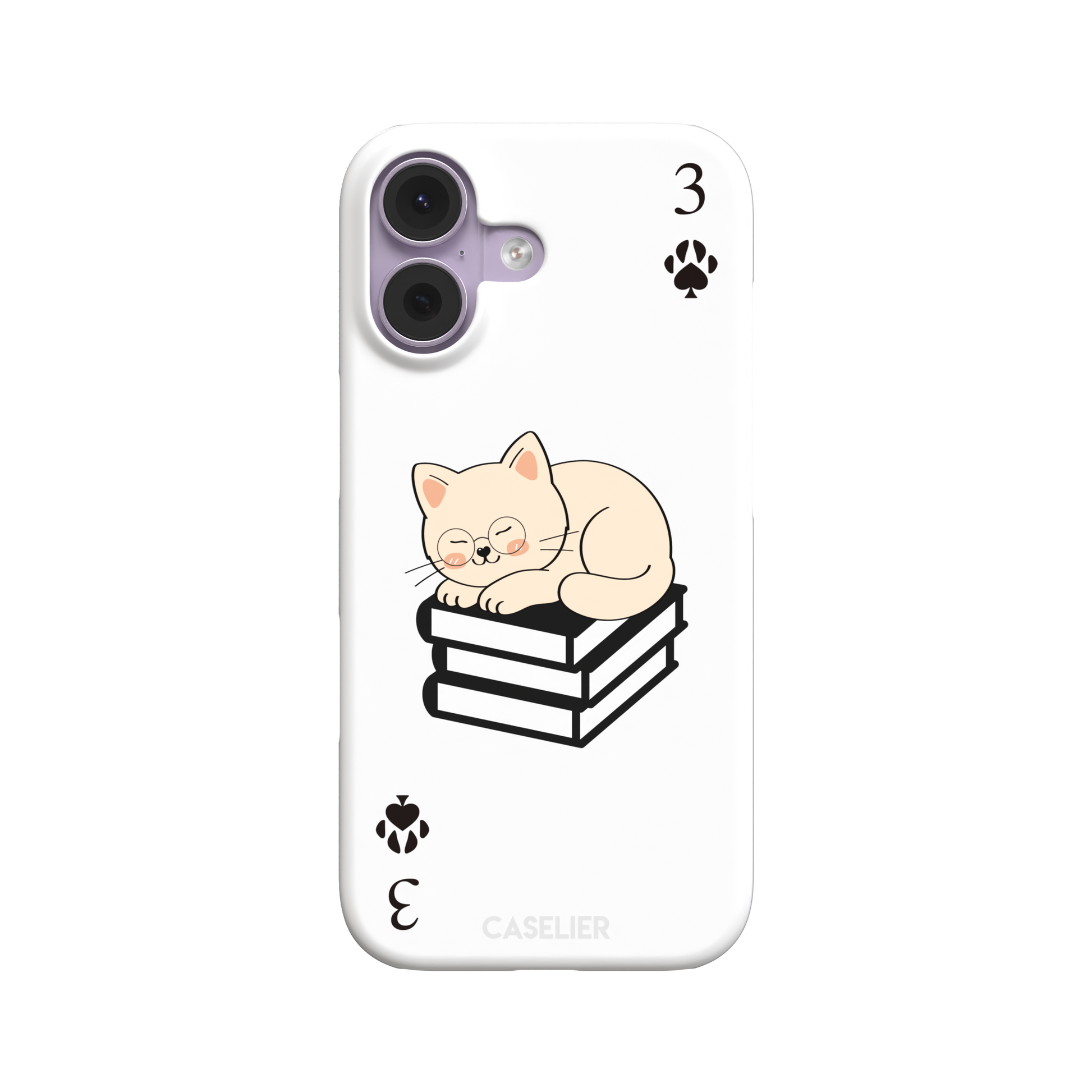 Three of Spades phone case in white with a sleepy illustrated cat resting on stacked books and paw print spade symbols at each corner, by Caselier — snap case, front view