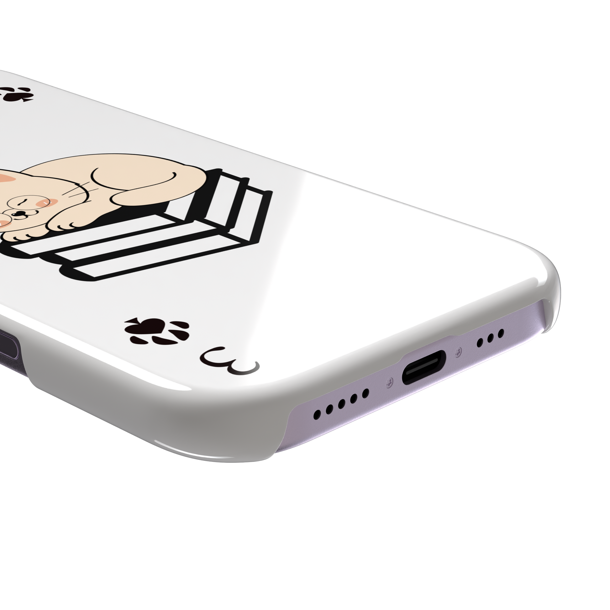 Three of Spades phone case in white with a sleepy illustrated cat resting on stacked books and paw print spade symbols at each corner, by Caselier — snap case, charging port detail