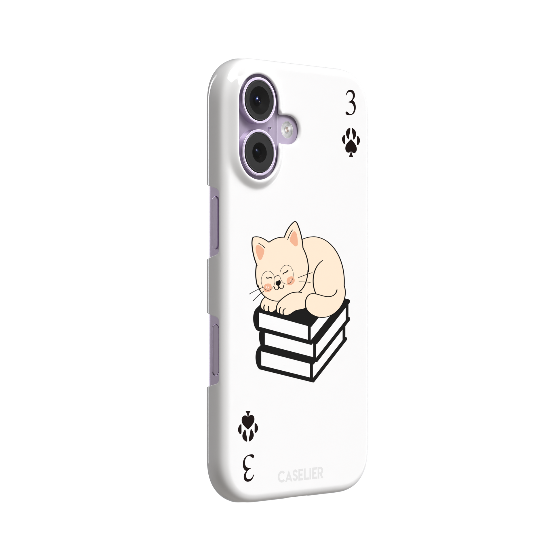 Three of Spades phone case in white with a sleepy illustrated cat resting on stacked books and paw print spade symbols at each corner, by Caselier — snap case, left view