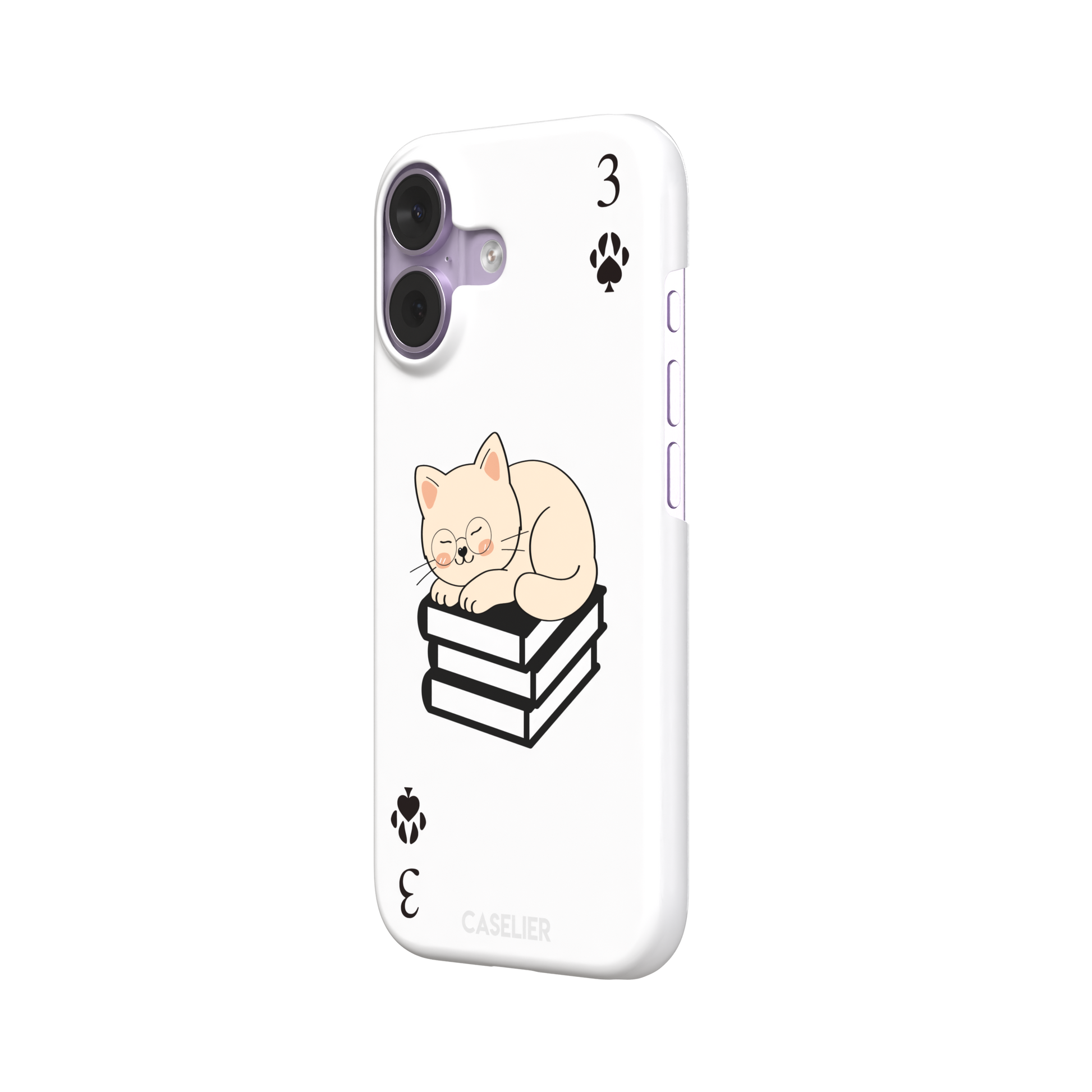 Three of Spades phone case in white with a sleepy illustrated cat resting on stacked books and paw print spade symbols at each corner, by Caselier — snap case, right view