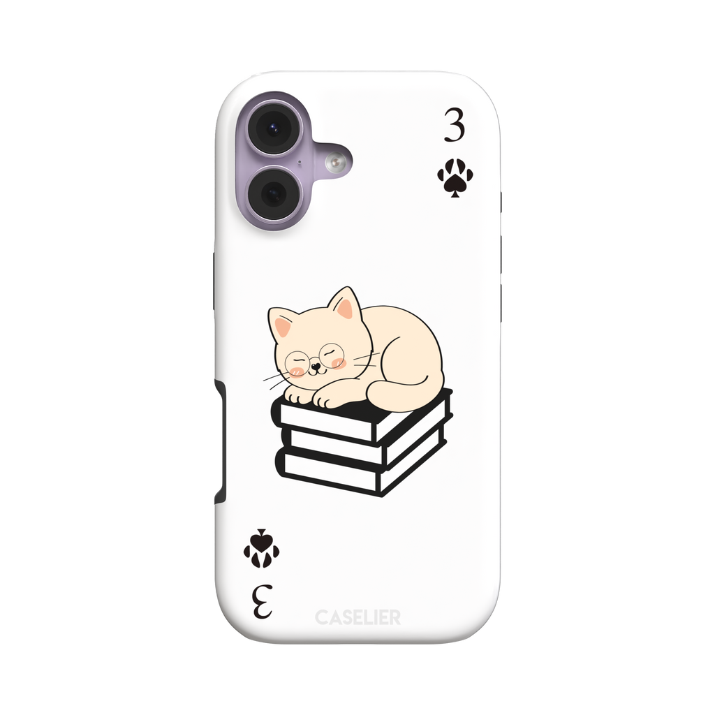 Three of Spades phone case in white with a sleepy illustrated cat resting on stacked books and paw print spade symbols at each corner, by Caselier — tough case, front view
