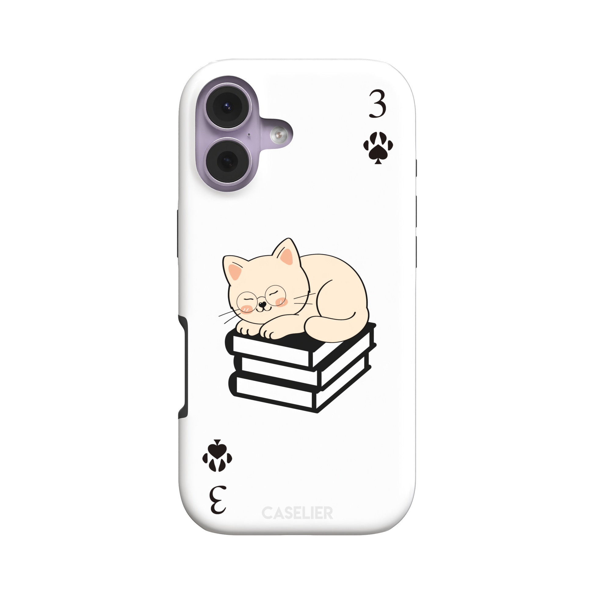 Three of Spades phone case in white with a sleepy illustrated cat resting on stacked books and paw print spade symbols at each corner, by Caselier — tough case, front view