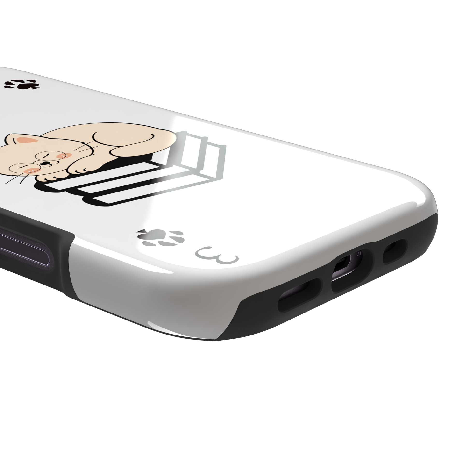 Three of Spades phone case in white with a sleepy illustrated cat resting on stacked books and paw print spade symbols at each corner, by Caselier — tough case, charging port detail