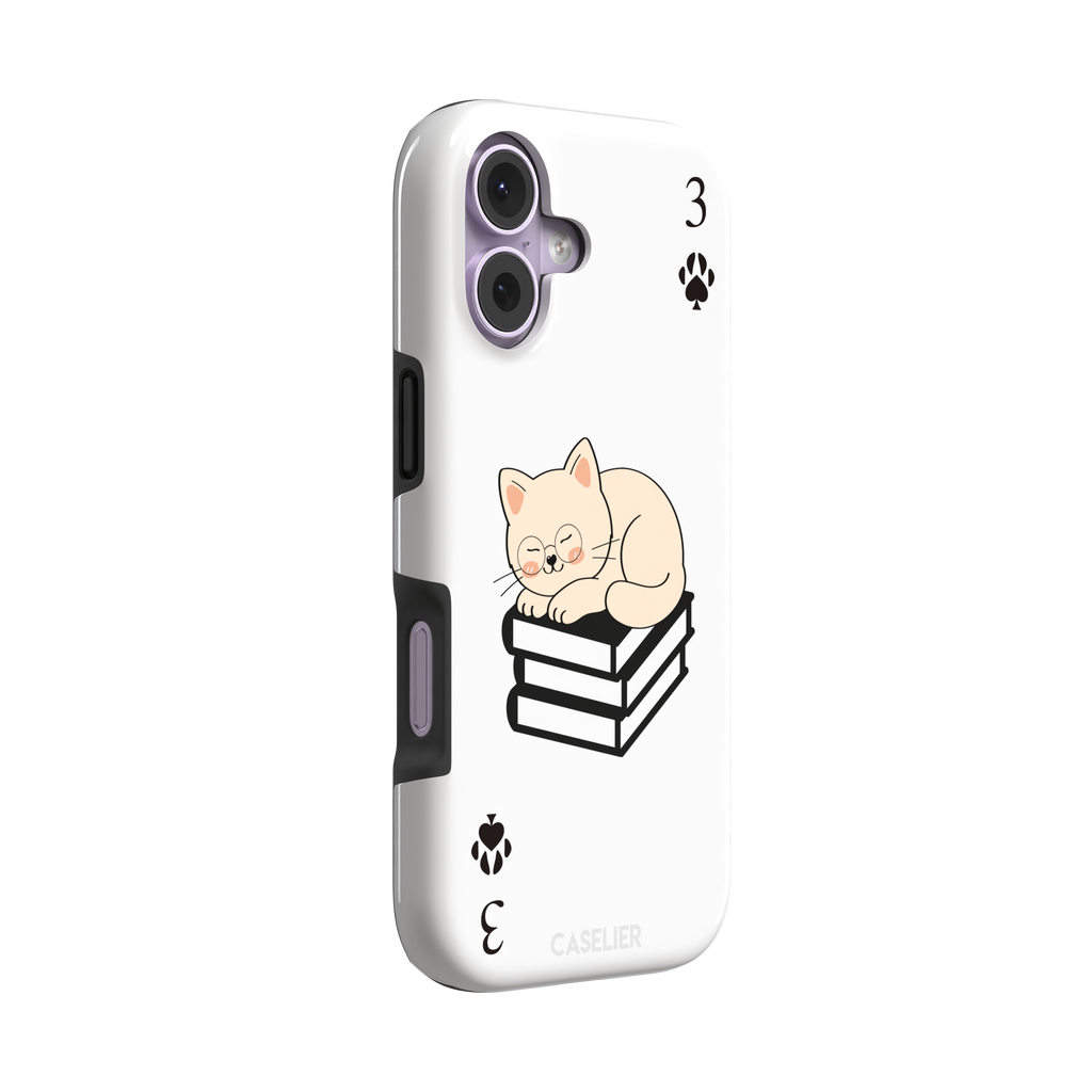 Three of Spades phone case in white with a sleepy illustrated cat resting on stacked books and paw print spade symbols at each corner, by Caselier — tough case, left view