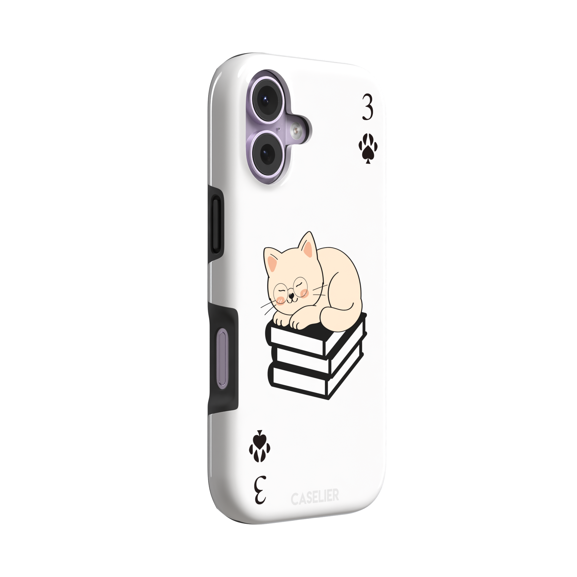 Three of Spades phone case in white with a sleepy illustrated cat resting on stacked books and paw print spade symbols at each corner, by Caselier — tough case, left view