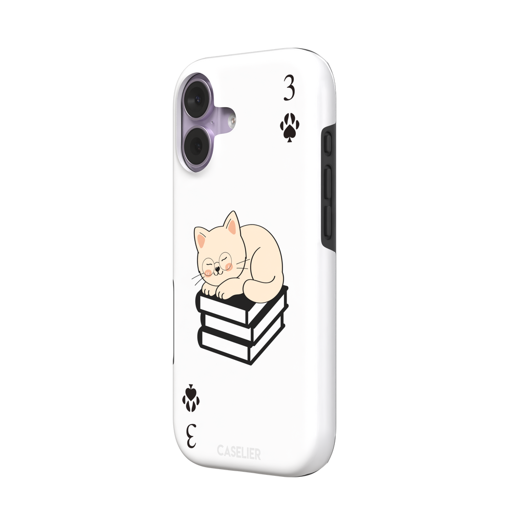 Three of Spades phone case in white with a sleepy illustrated cat resting on stacked books and paw print spade symbols at each corner, by Caselier — tough case, right view