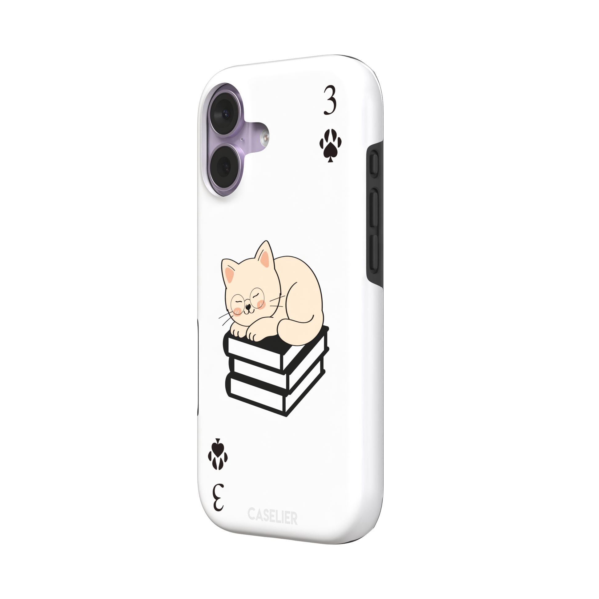 Three of Spades phone case in white with a sleepy illustrated cat resting on stacked books and paw print spade symbols at each corner, by Caselier — tough case, right view