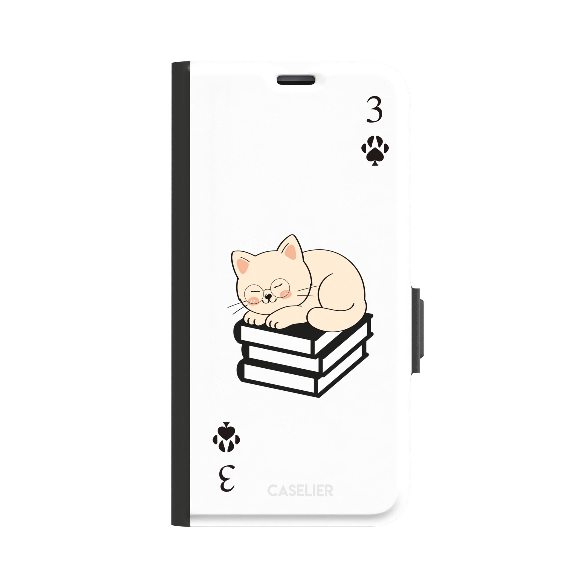 Three of Spades phone case in white with a sleepy illustrated cat resting on stacked books and paw print spade symbols at each corner, by Caselier — wallet case, front view