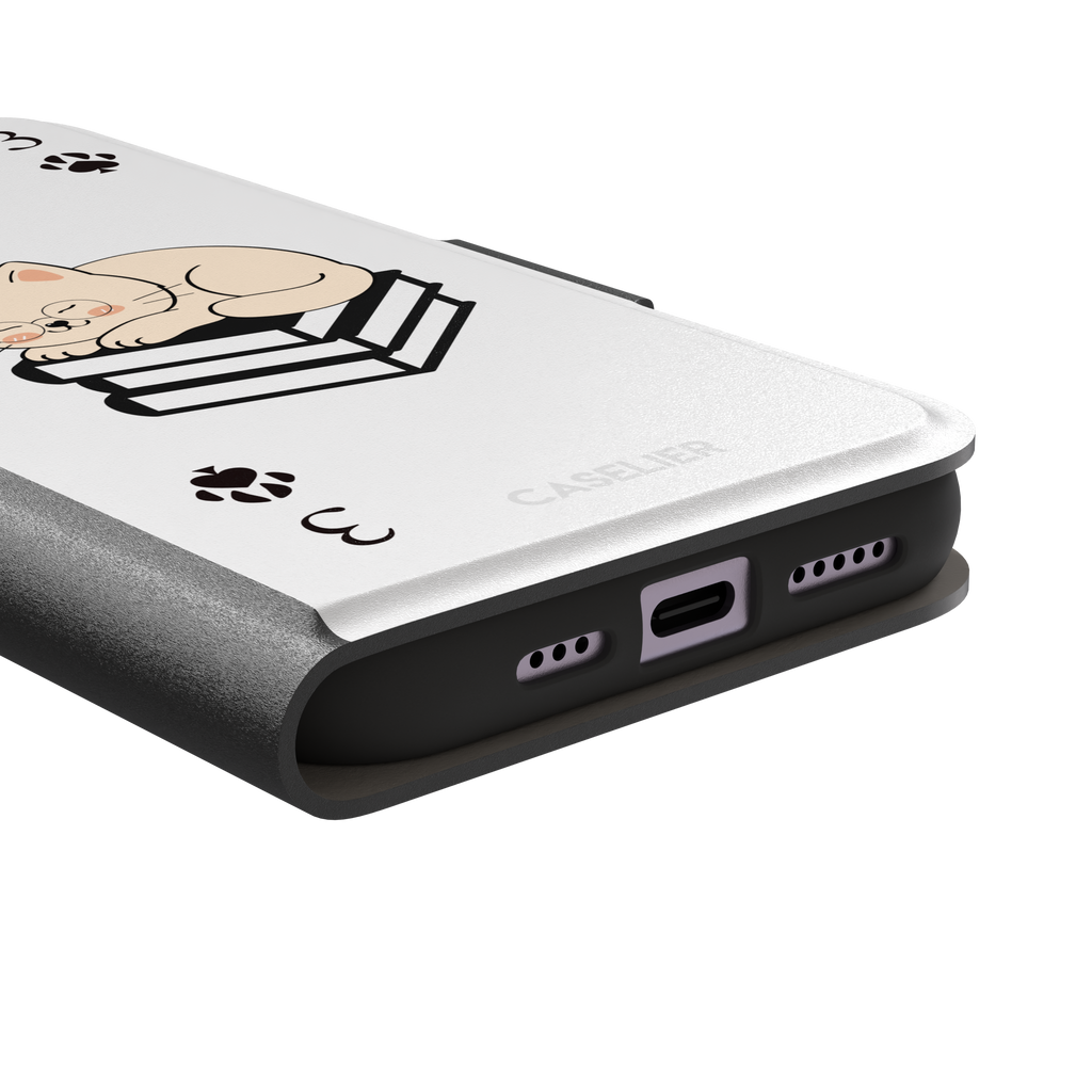 Three of Spades phone case in white with a sleepy illustrated cat resting on stacked books and paw print spade symbols at each corner, by Caselier — wallet case, charging port detail