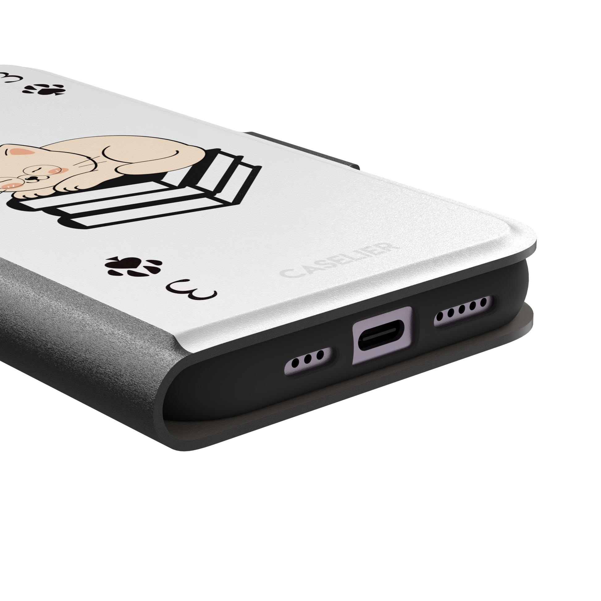 Three of Spades phone case in white with a sleepy illustrated cat resting on stacked books and paw print spade symbols at each corner, by Caselier — wallet case, charging port detail