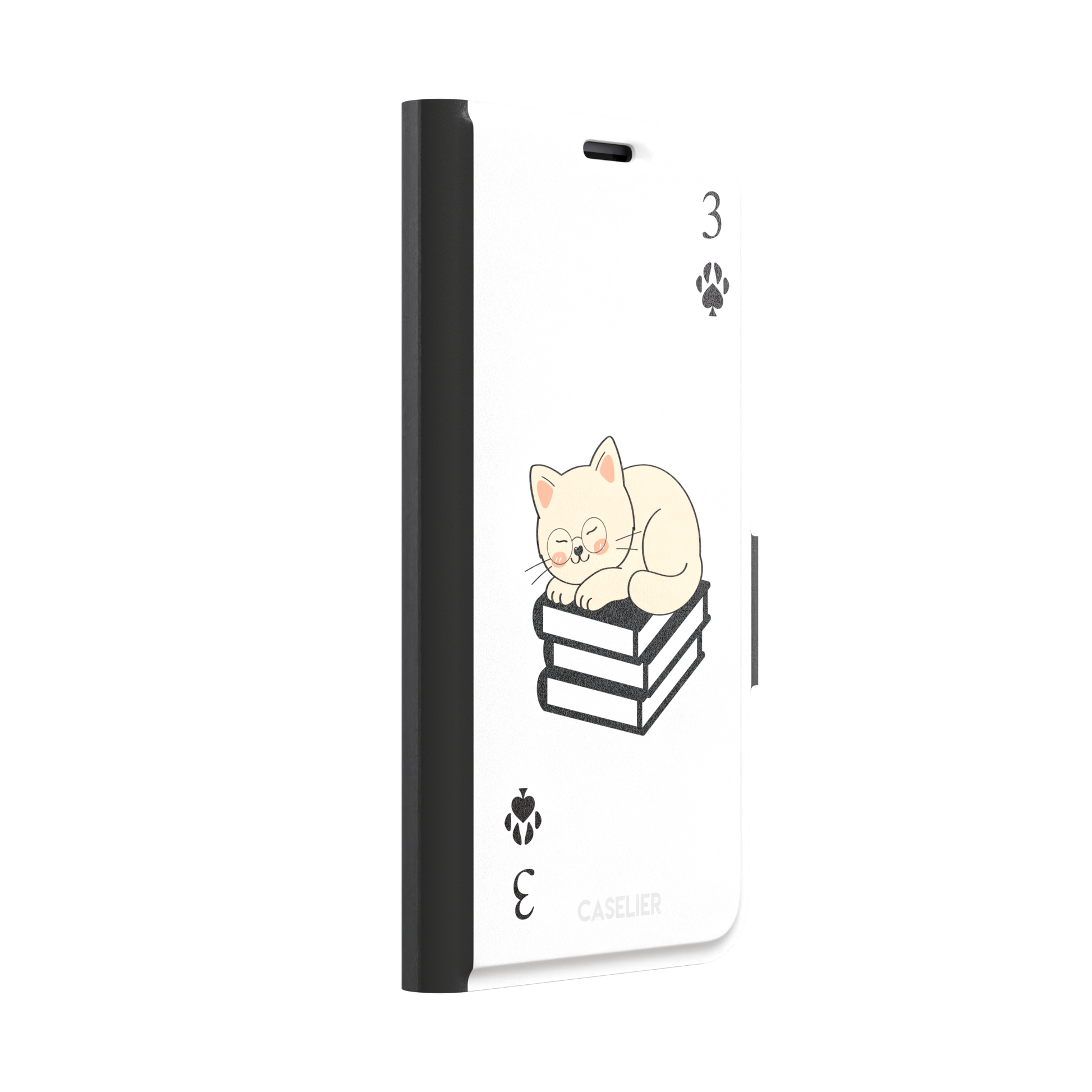 Three of Spades phone case in white with a sleepy illustrated cat resting on stacked books and paw print spade symbols at each corner, by Caselier — wallet case, left view
