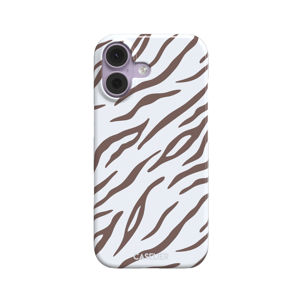 Tiger print phone case in white with mocha brown stripes, minimal light-toned animal print variant, phone case by Caselier — snap case, front view