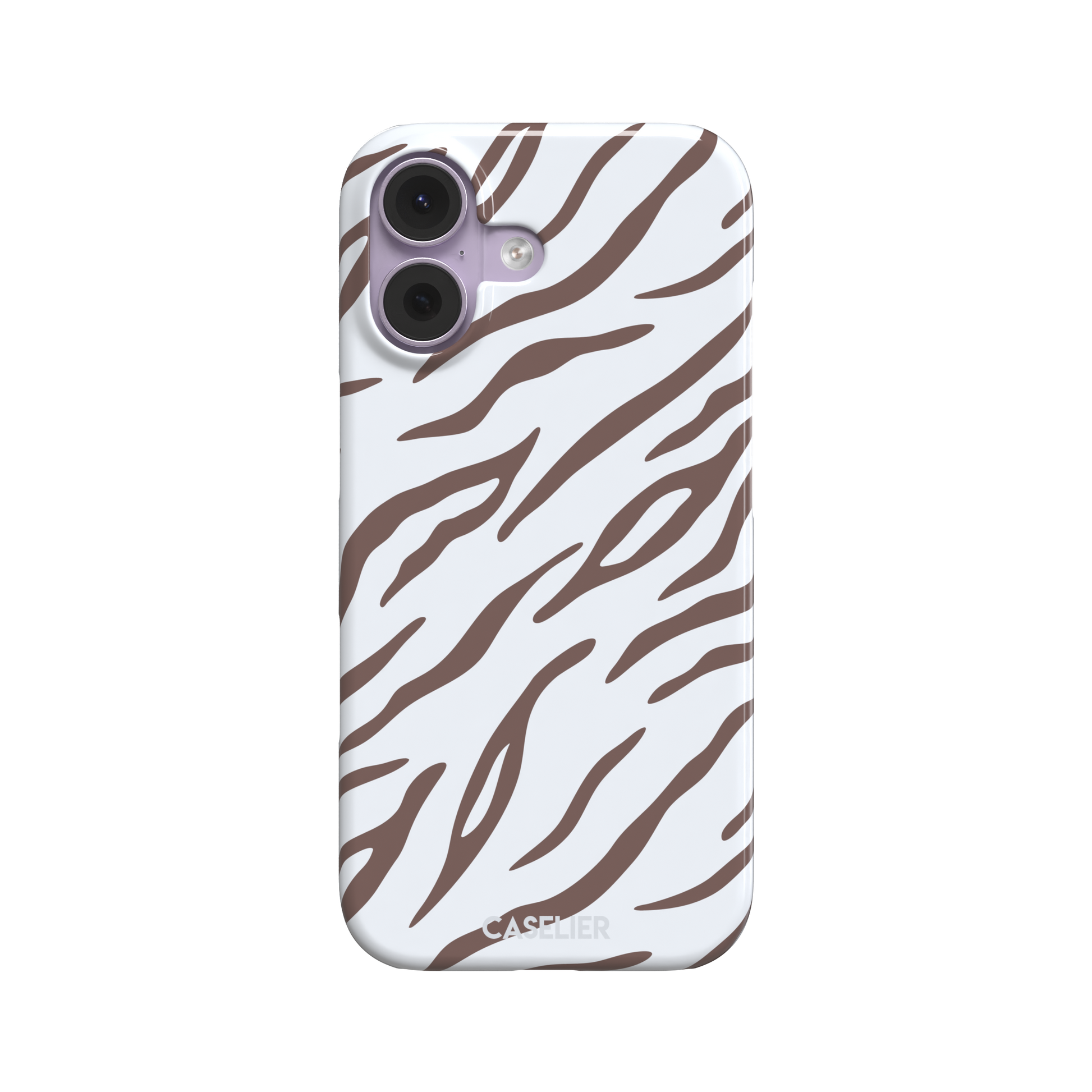 Tiger print phone case in white with mocha brown stripes, minimal light-toned animal print variant, phone case by Caselier — snap case, front view