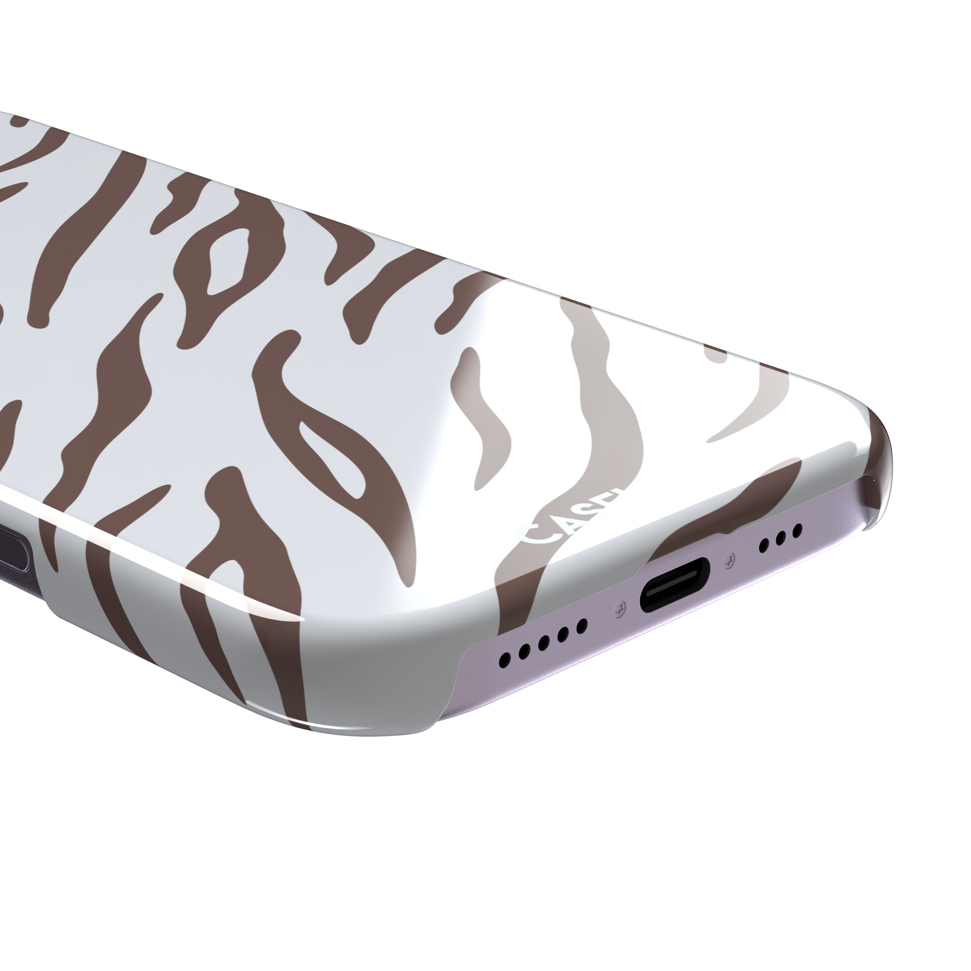 Tiger print phone case in white with mocha brown stripes, minimal light-toned animal print variant, phone case by Caselier — snap case, charging port detail