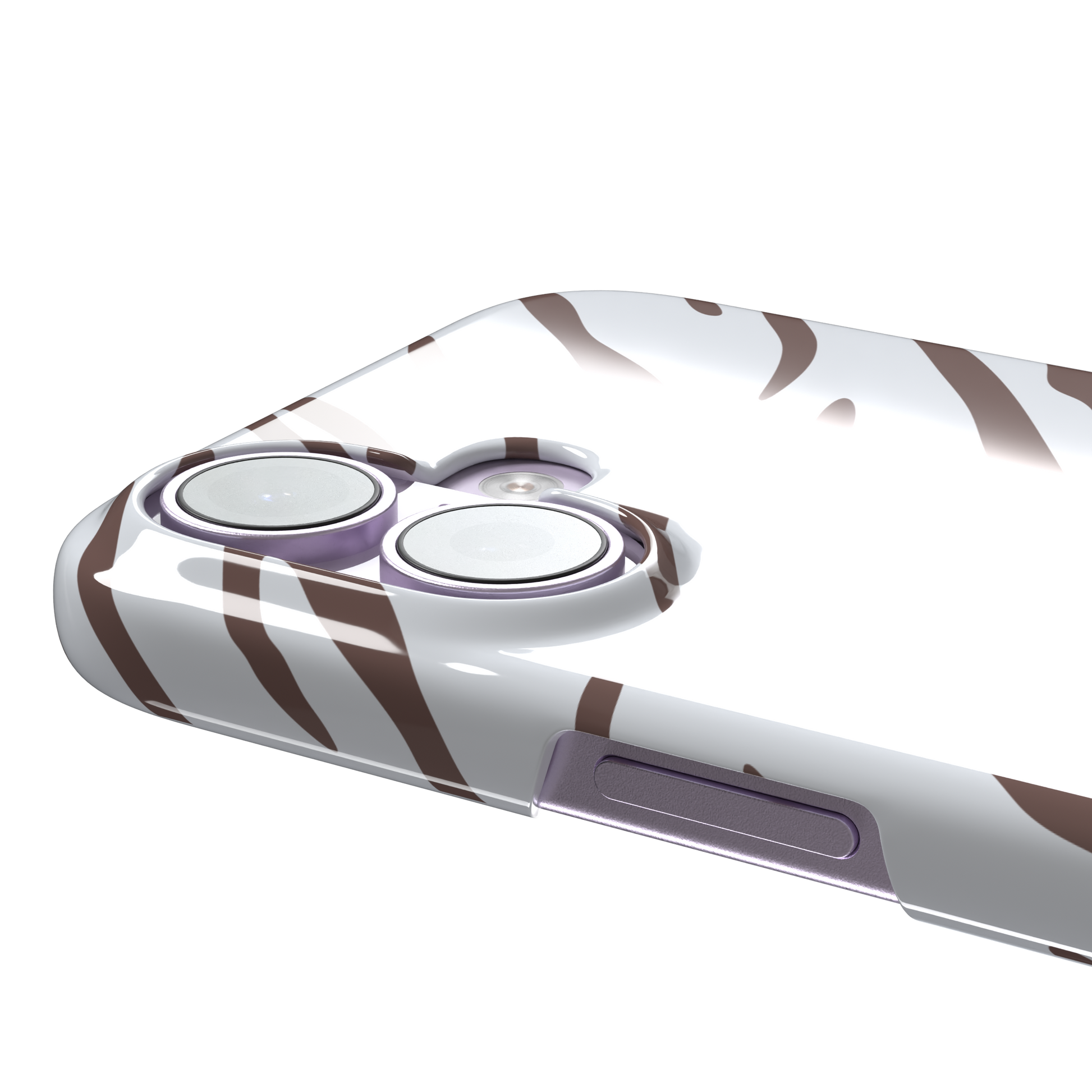 Tiger print phone case in white with mocha brown stripes, minimal light-toned animal print variant, phone case by Caselier — snap case, volume buttons detail