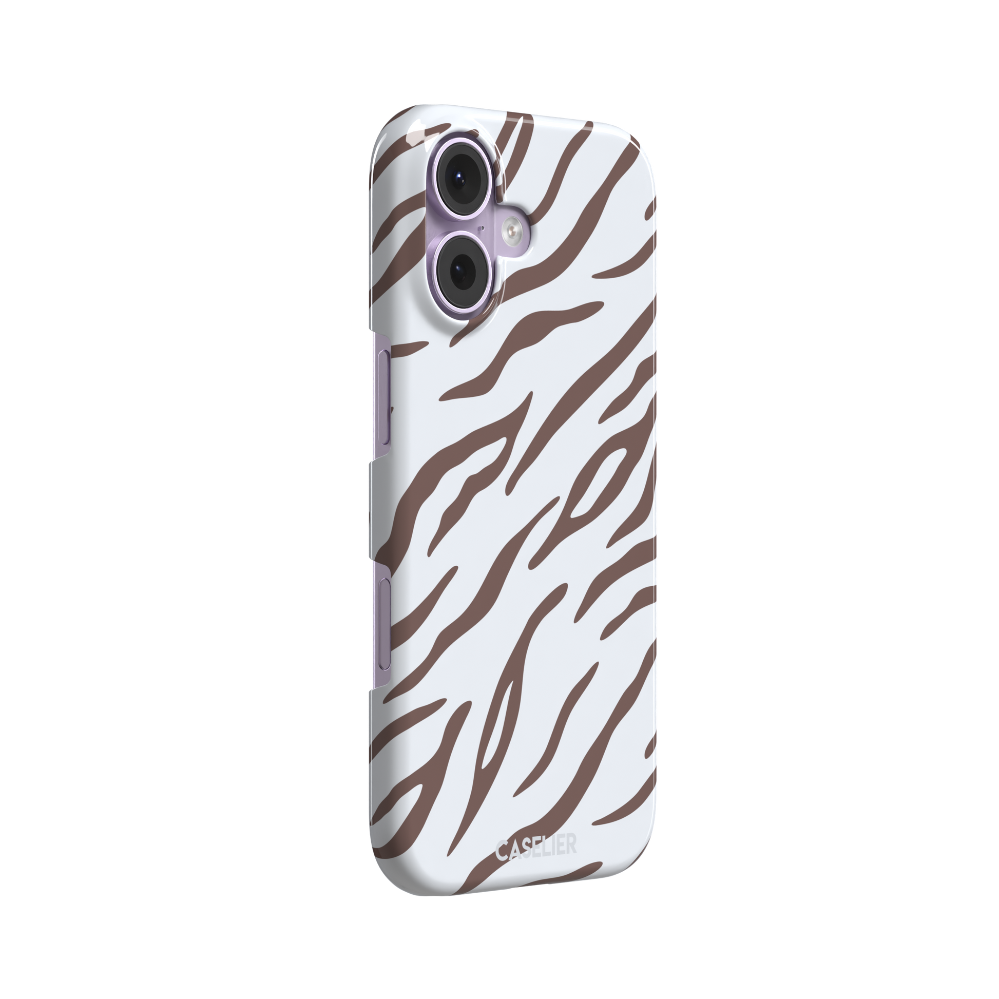 Tiger print phone case in white with mocha brown stripes, minimal light-toned animal print variant, phone case by Caselier — snap case, left view