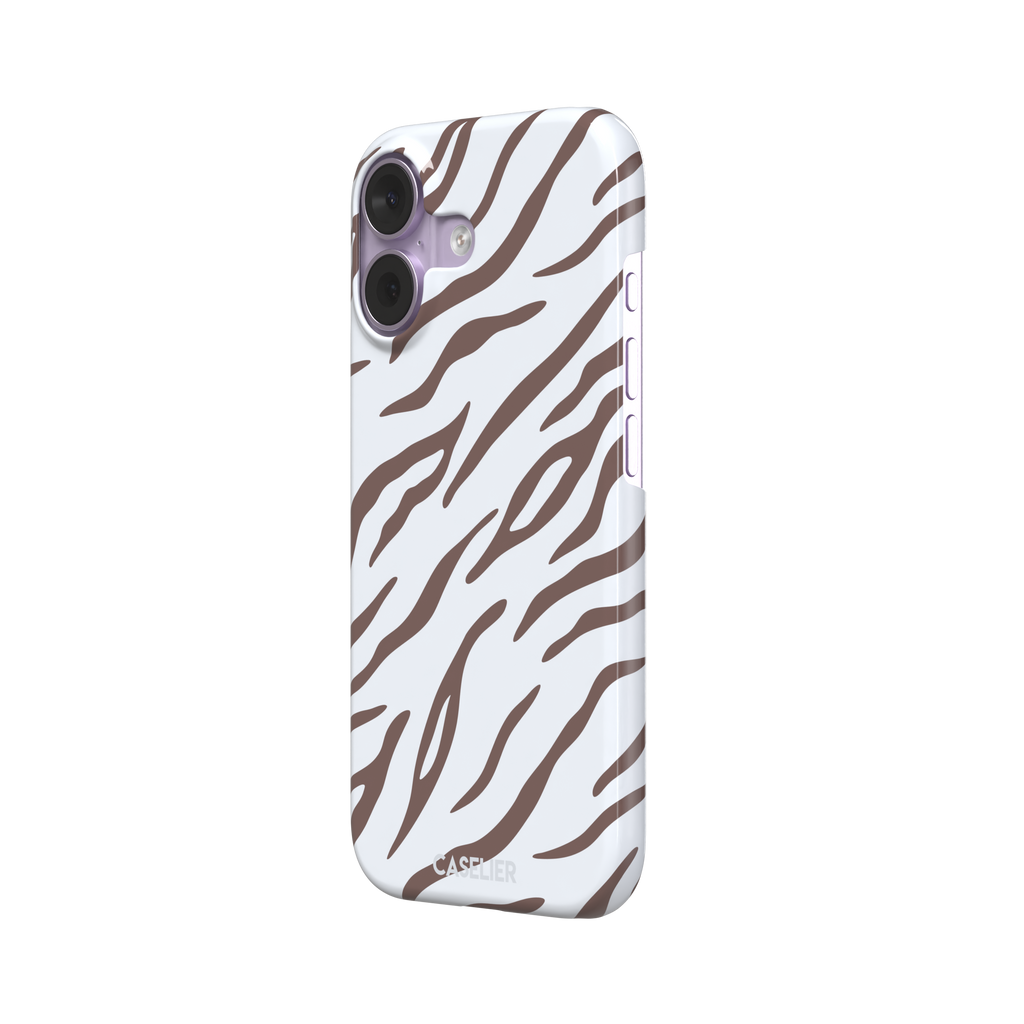 Tiger print phone case in white with mocha brown stripes, minimal light-toned animal print variant, phone case by Caselier — snap case, right view