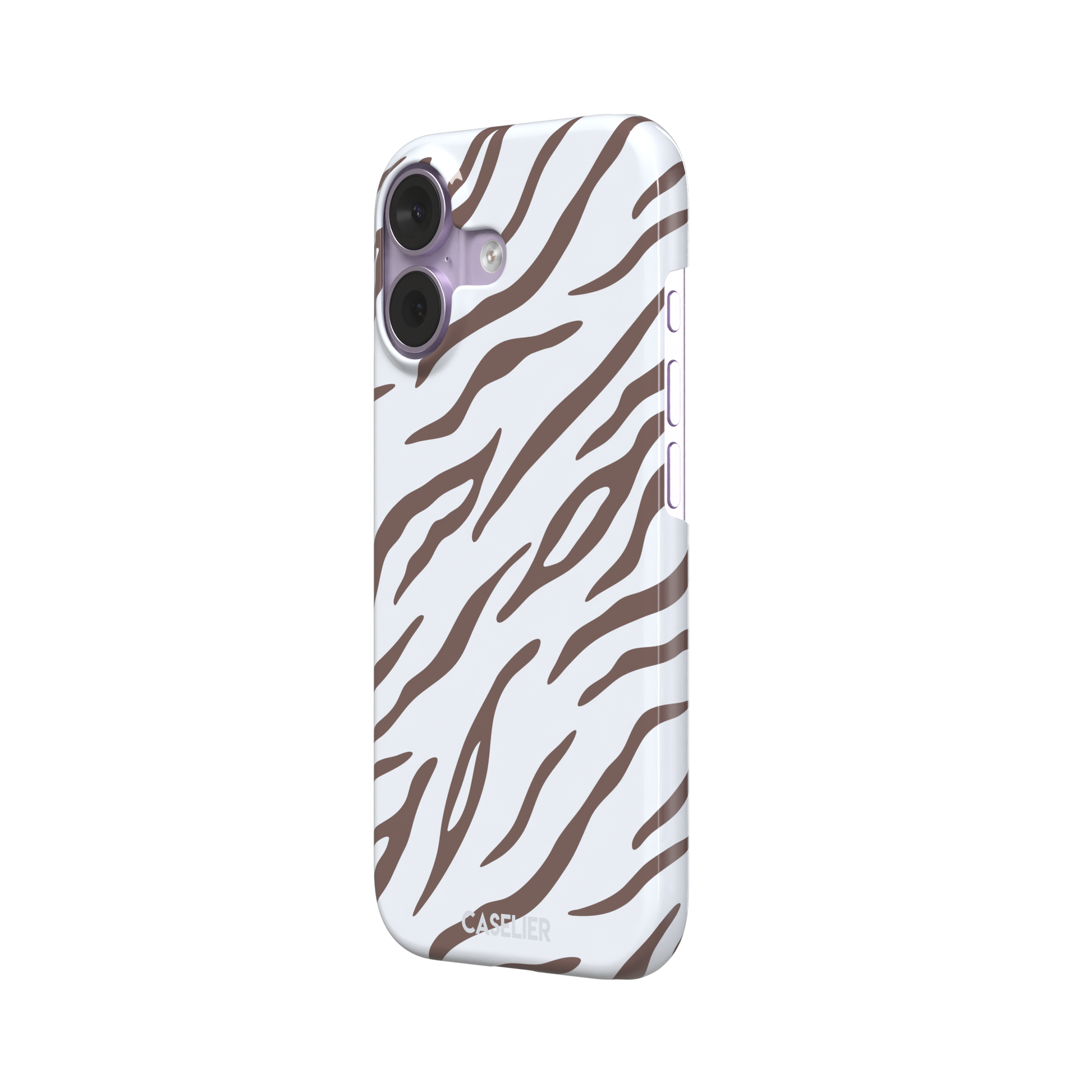 Tiger print phone case in white with mocha brown stripes, minimal light-toned animal print variant, phone case by Caselier — snap case, right view