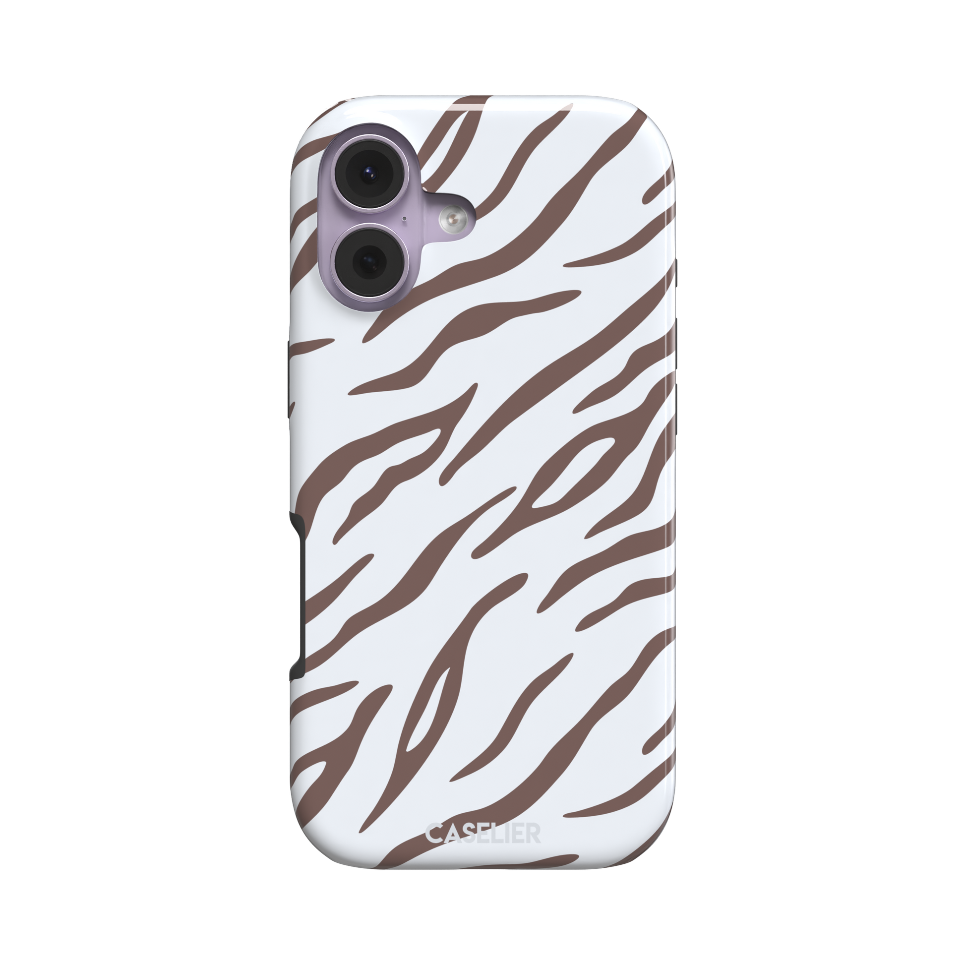 Tiger print phone case in white with mocha brown stripes, minimal light-toned animal print variant, phone case by Caselier — tough case, front view