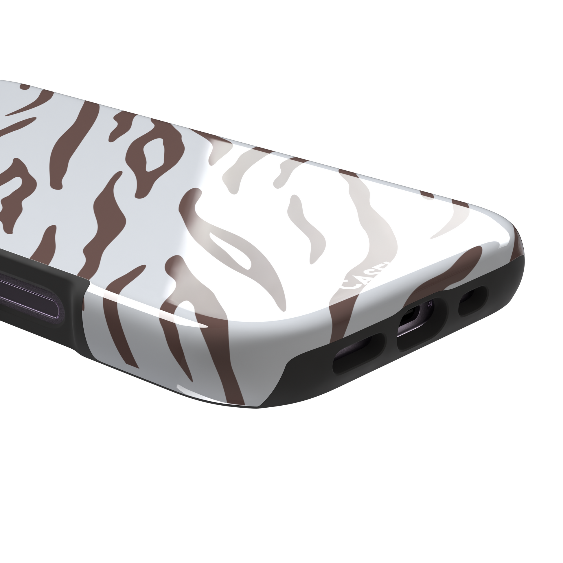 Tiger print phone case in white with mocha brown stripes, minimal light-toned animal print variant, phone case by Caselier — tough case, charging port detail