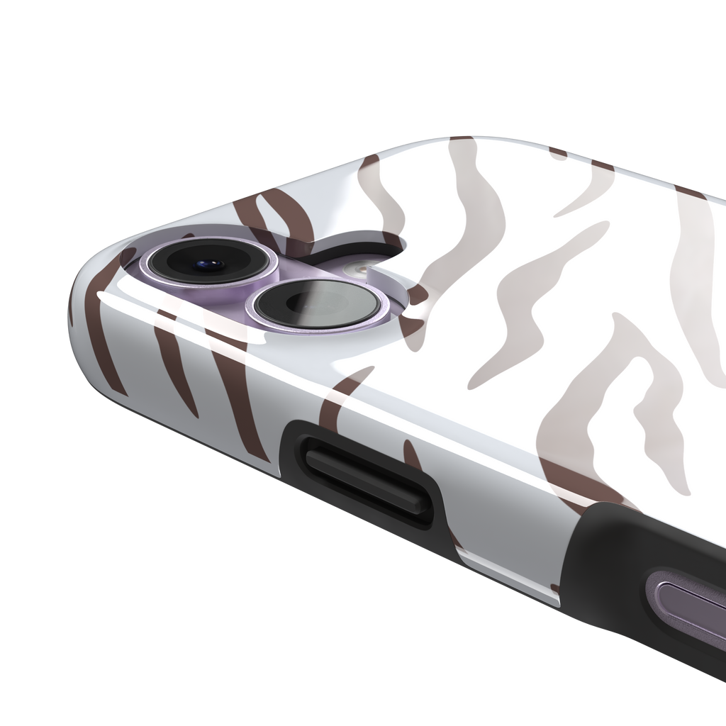 Tiger print phone case in white with mocha brown stripes, minimal light-toned animal print variant, phone case by Caselier — tough case, volume buttons detail