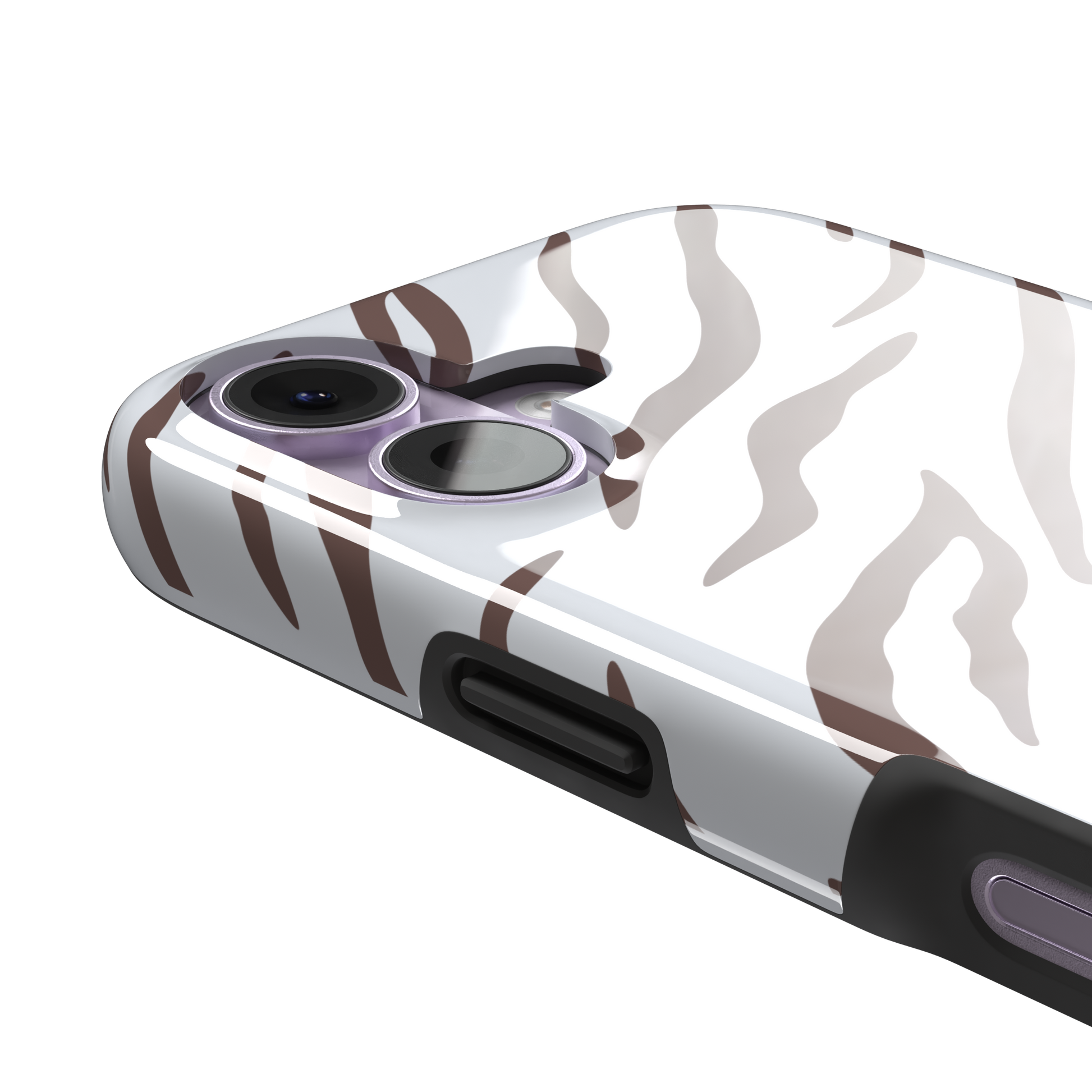 Tiger print phone case in white with mocha brown stripes, minimal light-toned animal print variant, phone case by Caselier — tough case, volume buttons detail
