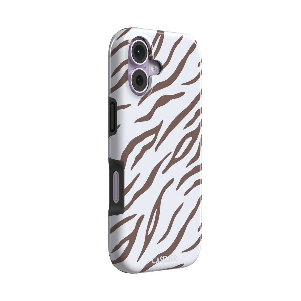 Tiger print phone case in white with mocha brown stripes, minimal light-toned animal print variant, phone case by Caselier — tough case, left view